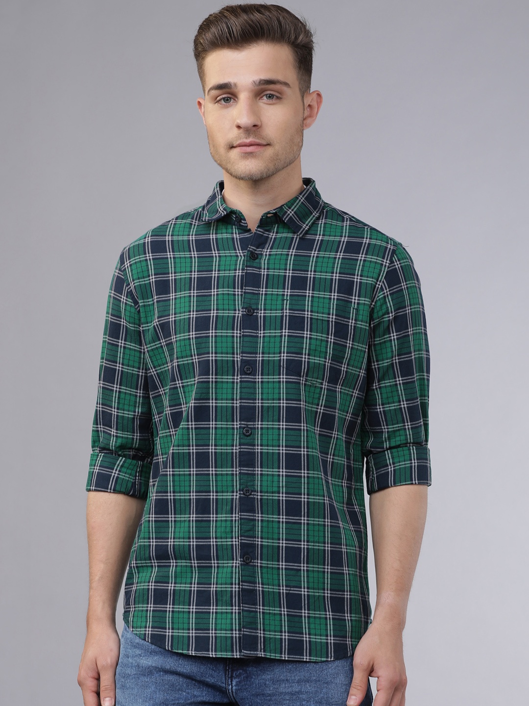 

HIGHLANDER Men Green & Navy Blue Slim Fit Yarn Dyed Checked Casual Shirt