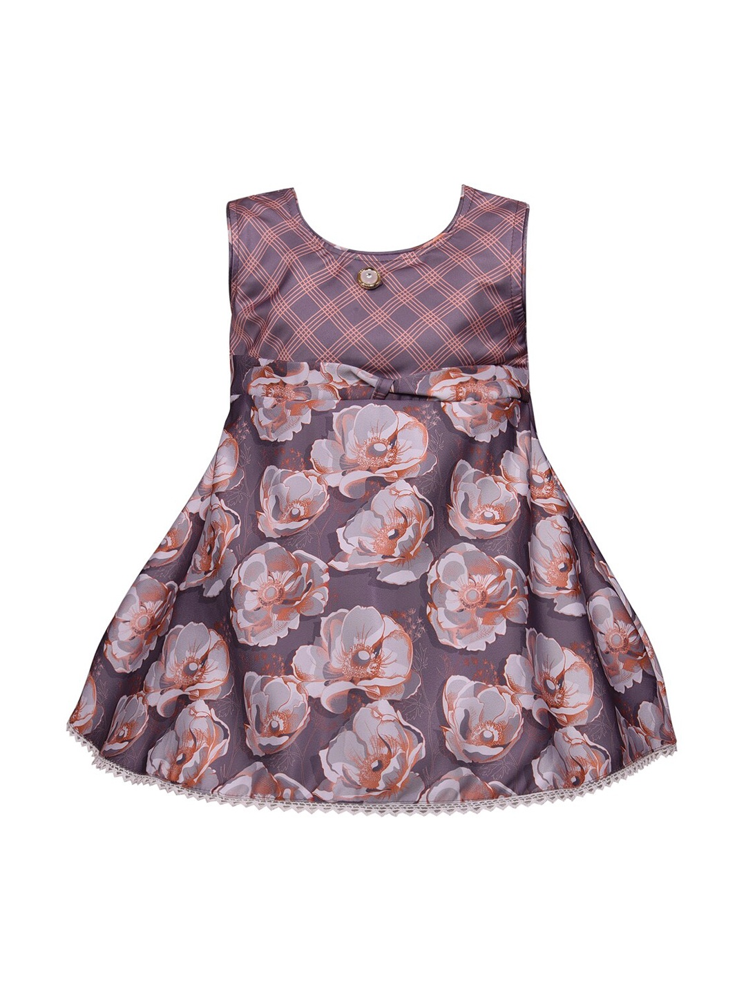 

Wish Karo Girls Grey & Peach-Coloured Floral Printed A-Line Dress