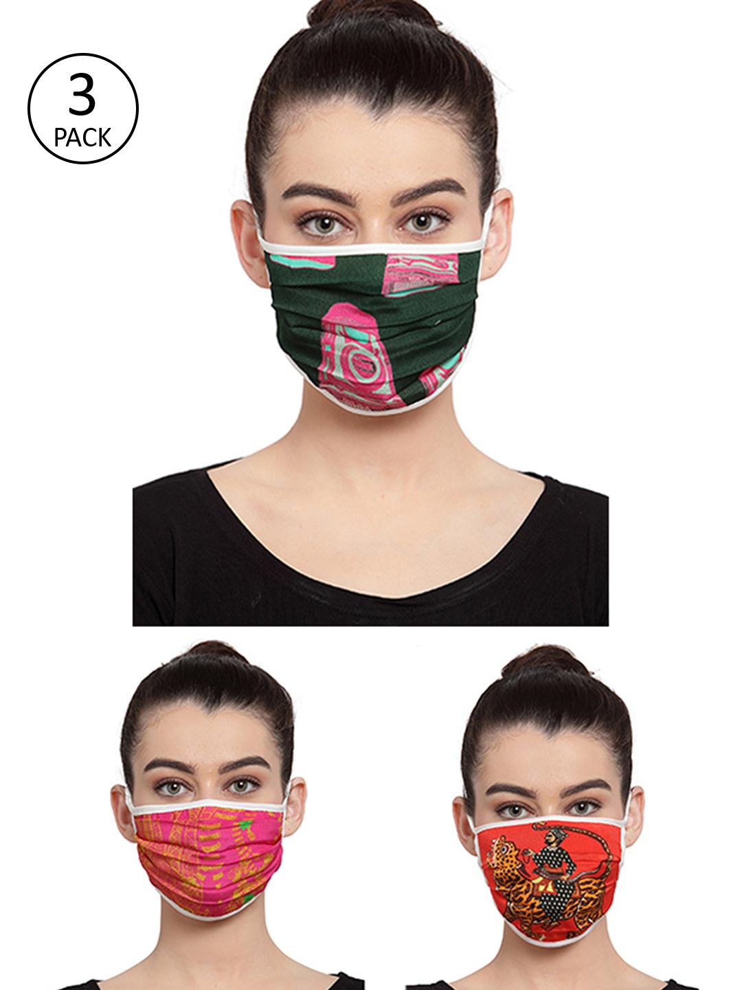 Masaba Adults Multicoloured Pack of 3 Reusable 1-Ply Cloth Masks, Multi