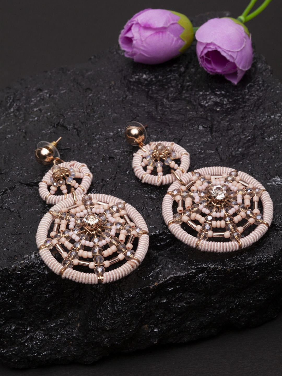 Madame Rose Gold Plated & Beige Hand Woven Circular Drop Earrings