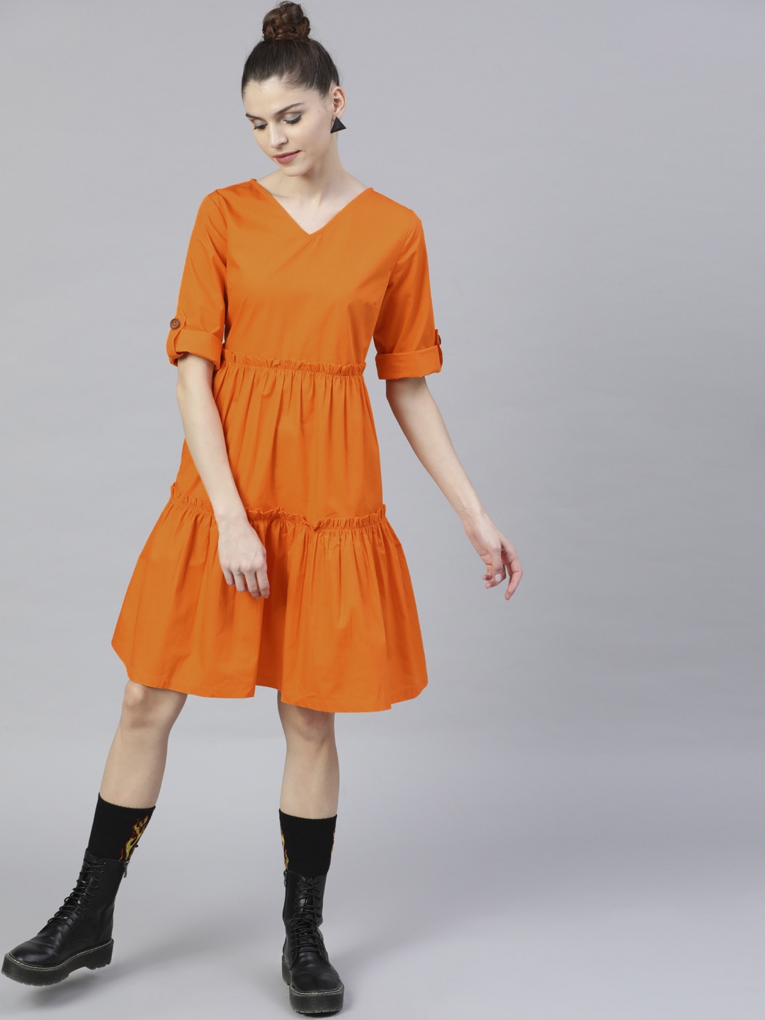 

STREET 9 Women Orange Solid Fit and Flare Dress
