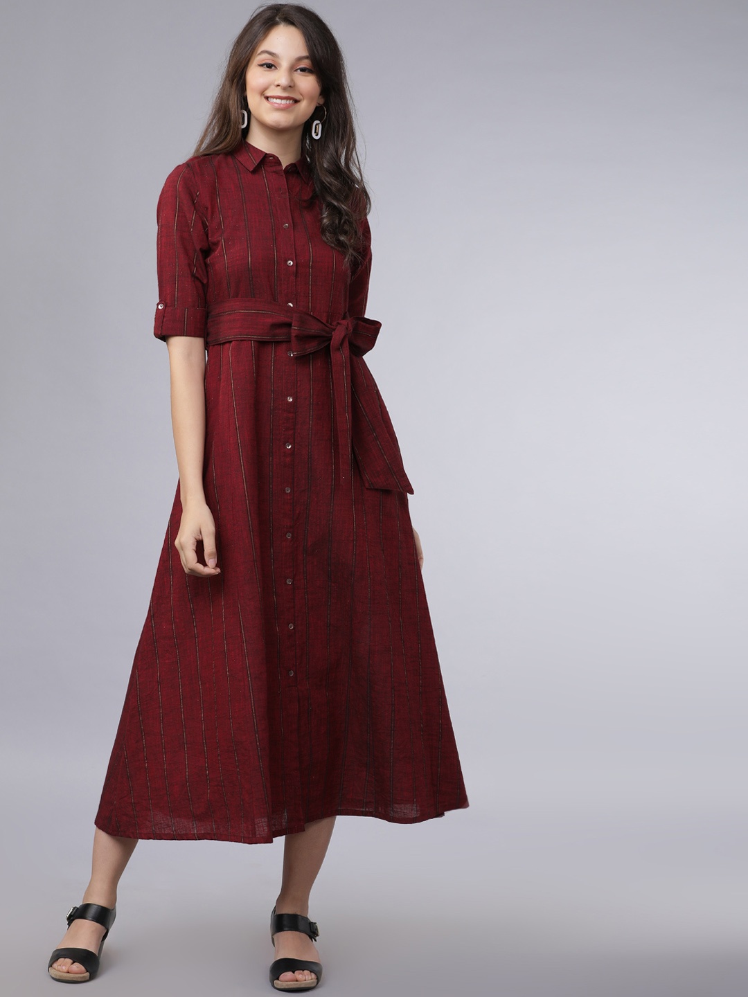 

Vishudh Women Maroon Striped Ethnic Shirt Dress With Belt