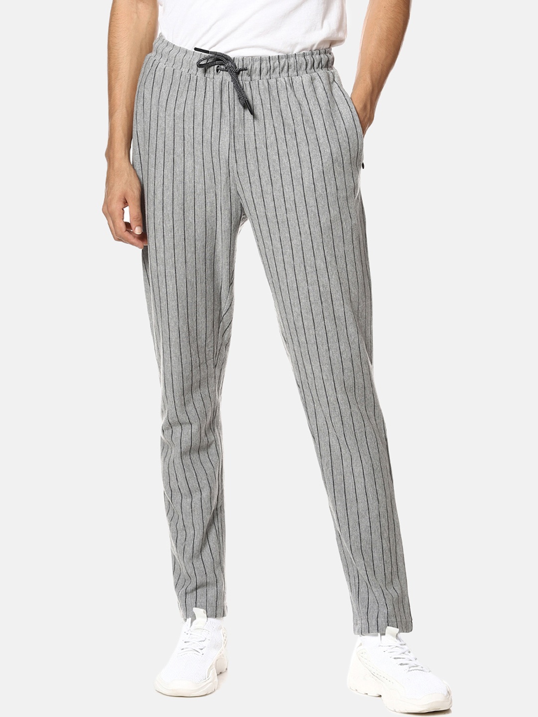 Campus Sutra Men Grey Striped Track Pants
