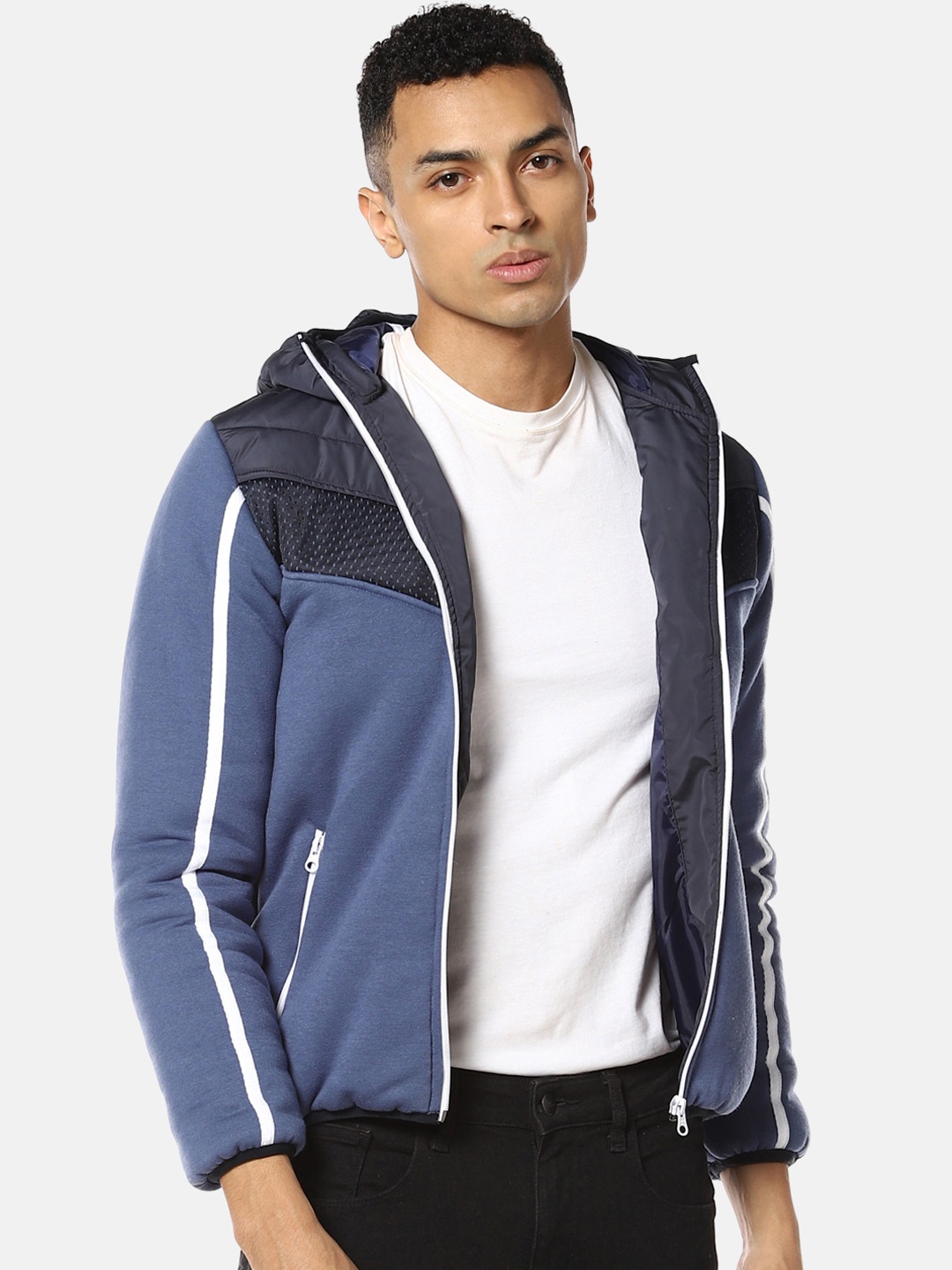 Campus Sutra Men Blue Colourblocked Windcheater Padded Jacket