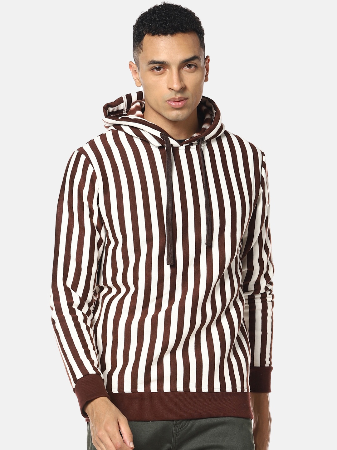 

Campus Sutra Brown & White Striped Hooded Cotton Sweatshirt