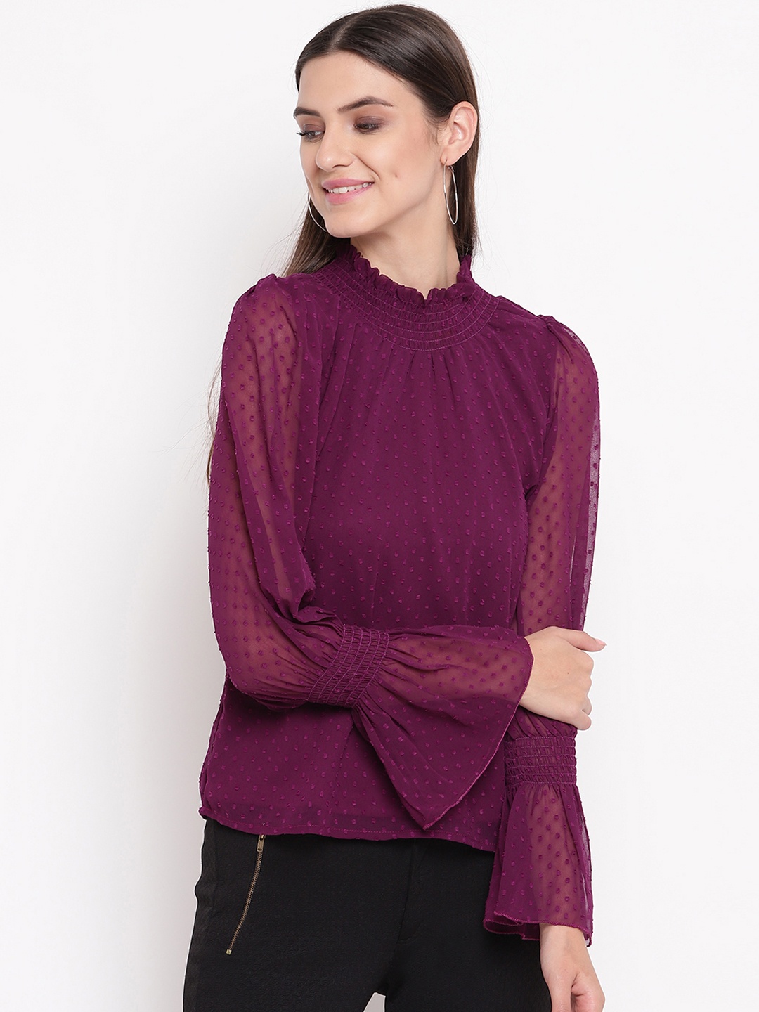 

AKIMIA Women Purple Self Design Dobby Top