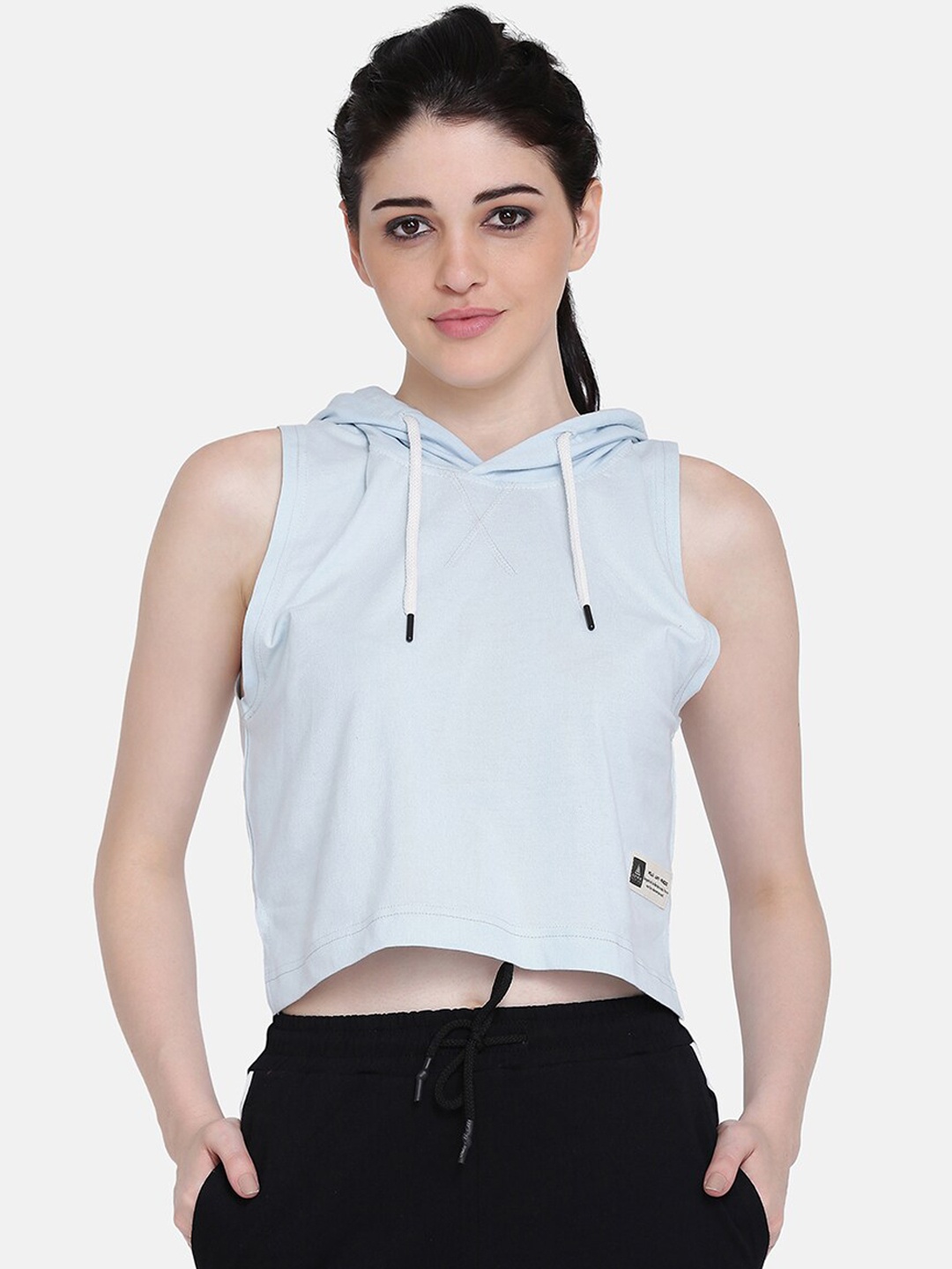 

Aesthetic Bodies Women Blue Solid Hooded Crop T-shirt