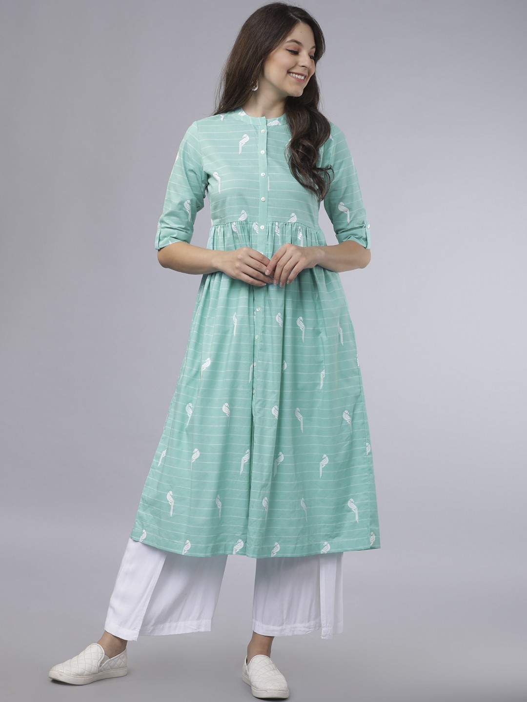 

Vishudh Women Sea Green Striped A-Line Kurta