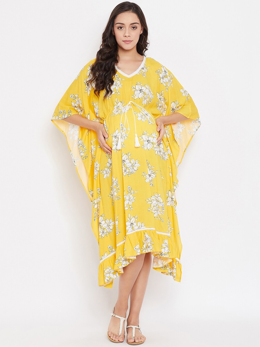 

The Kaftan Company Women Yellow & White Floral Printed Kaftan Maternity Dress
