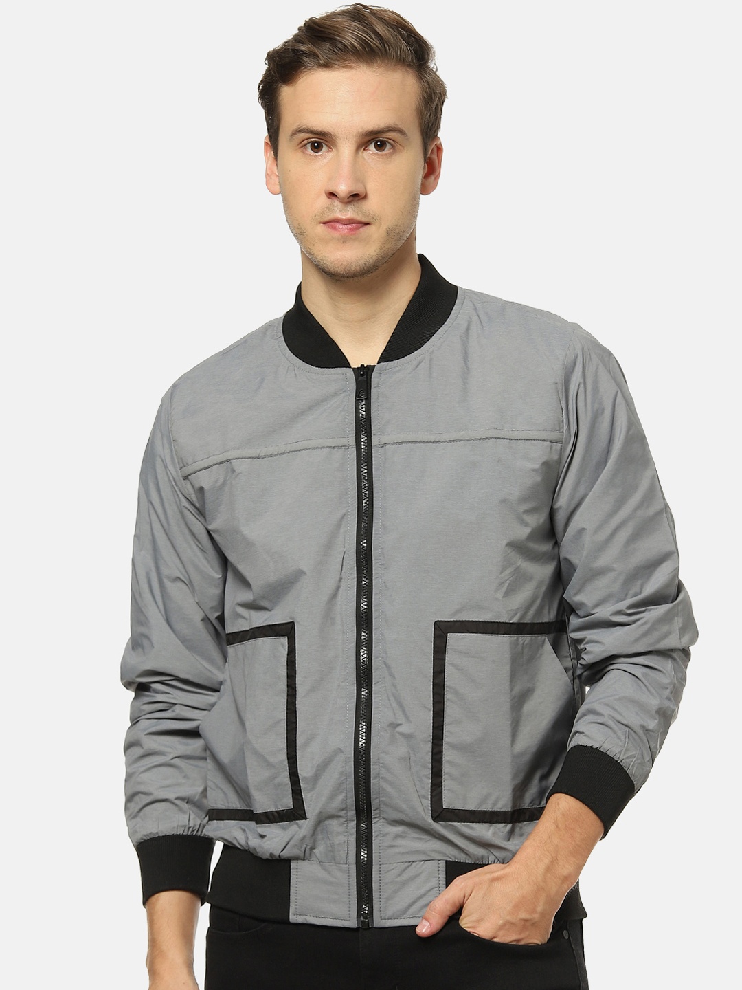 Campus Sutra Men Grey Solid Windcheater Bomber Jacket
