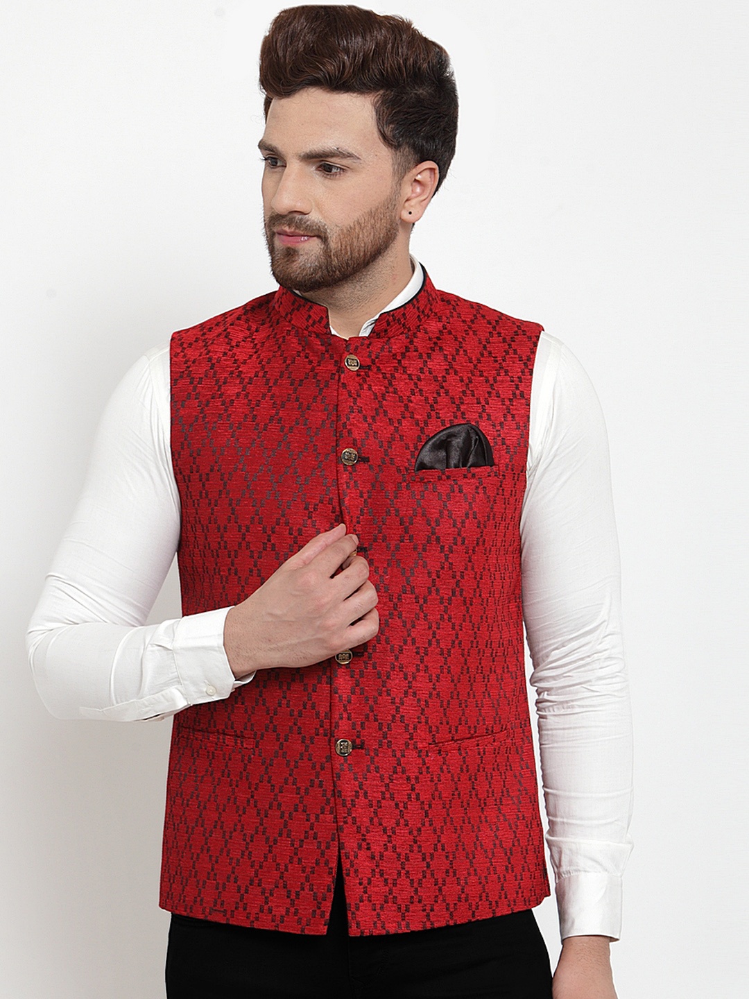 

MAXENCE Men Red Woven Design Nehru jacket With Pocket Square