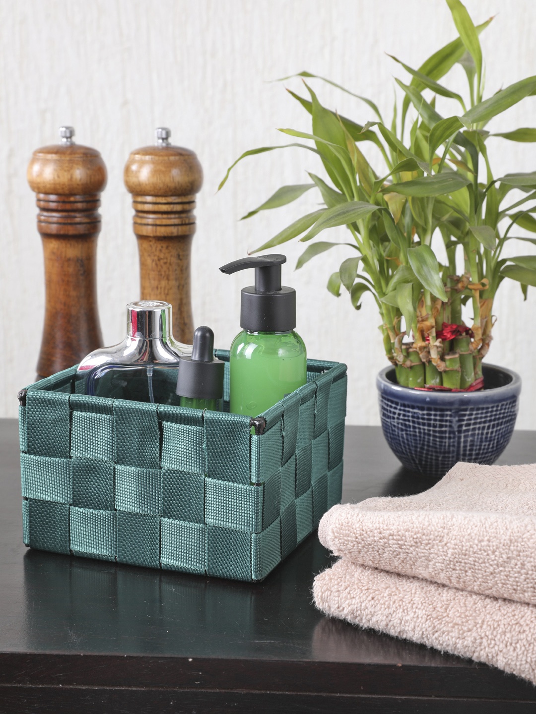 

My Gift Booth Green Solid Woven Waterproof Small Storage Cube Box Organiser