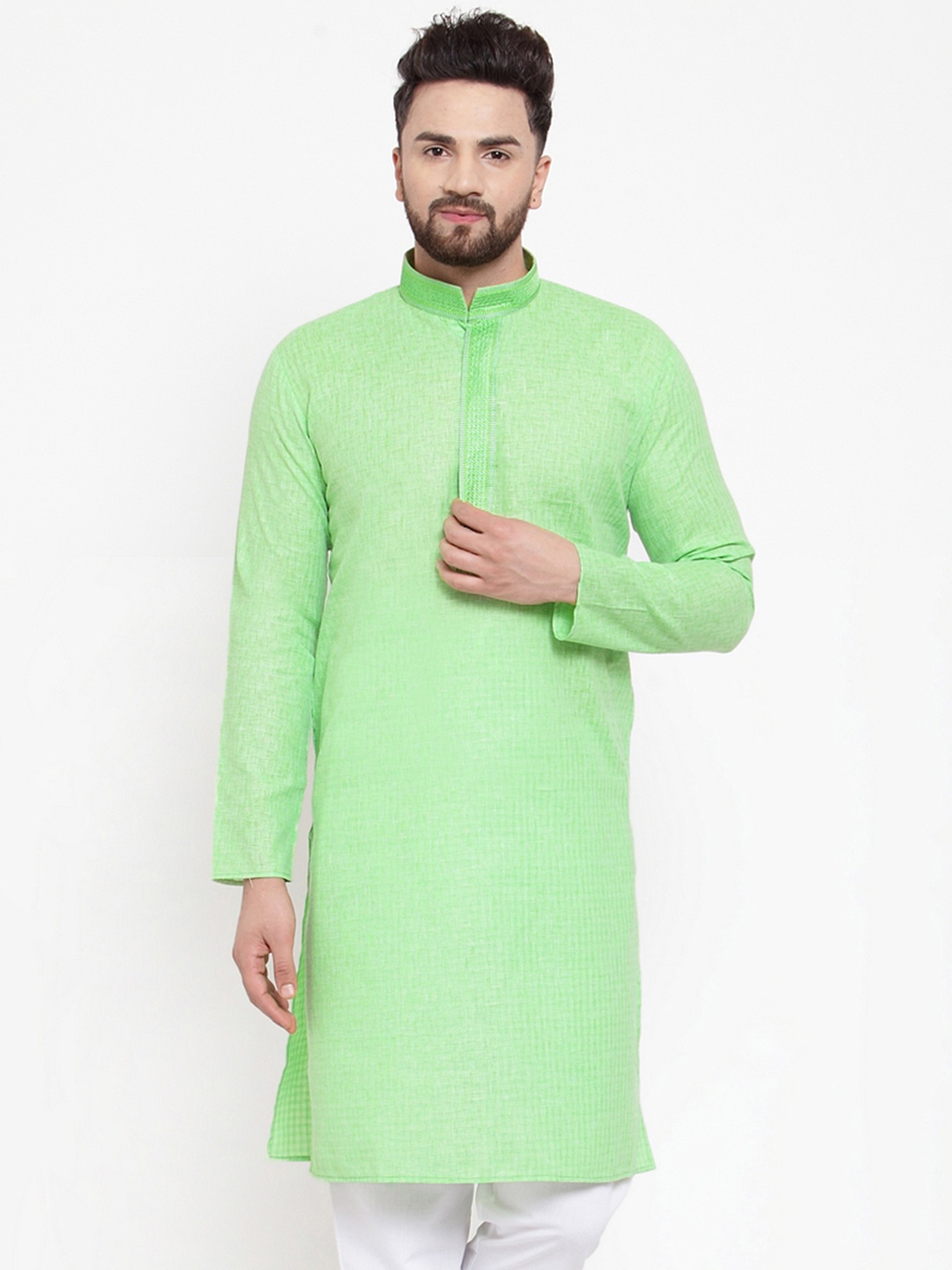 

Jompers Men Green Woven Design Straight Kurta