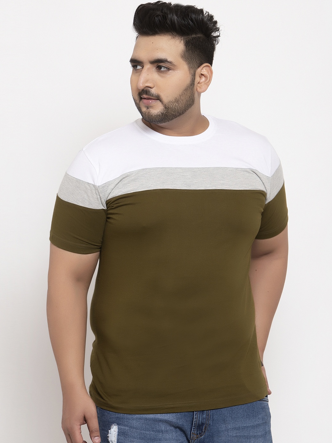 

Rodzen Men Olive Green & White Colourblocked Round Neck T-shirt