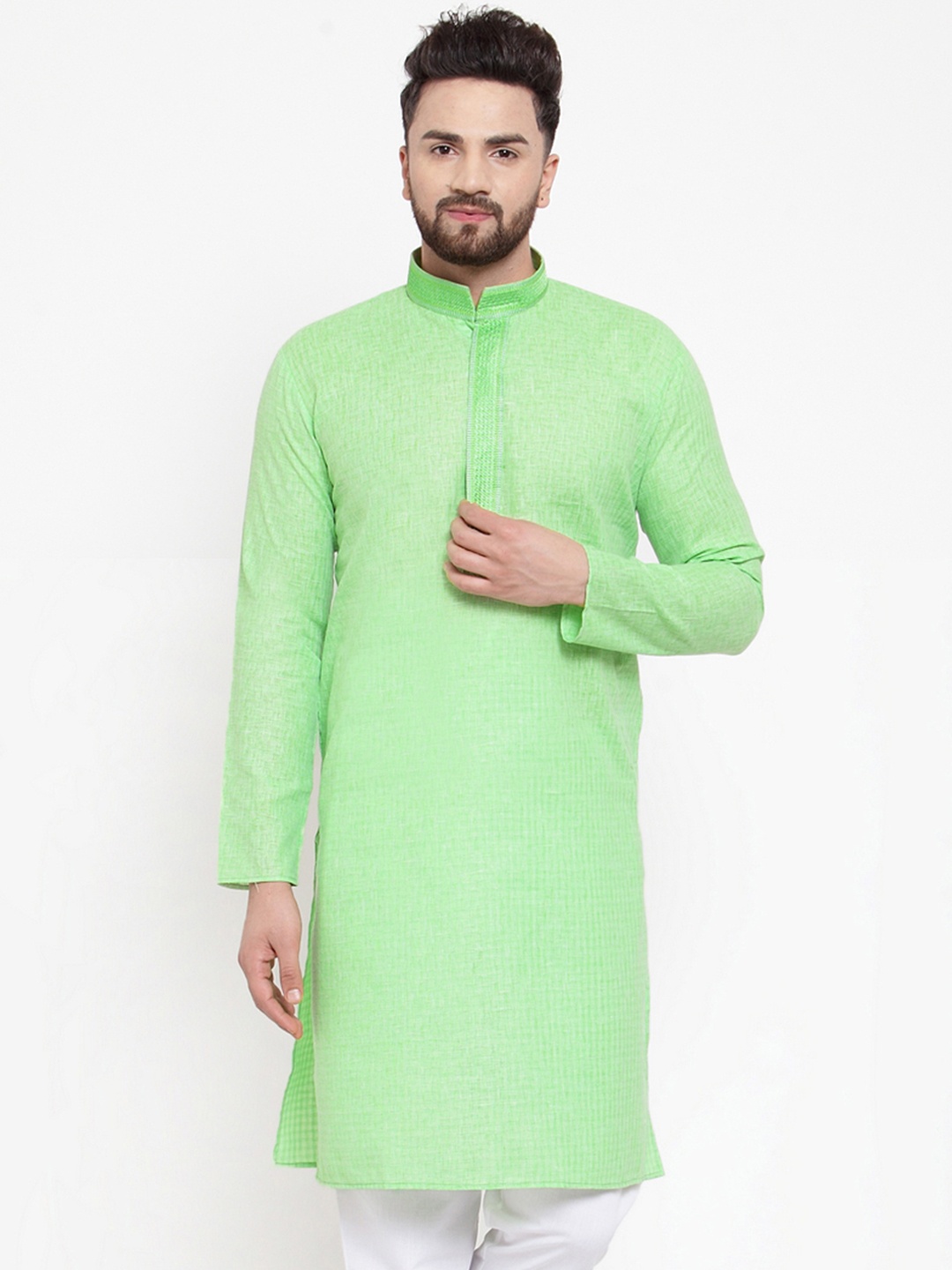 

Jompers Men Green Woven Design Straight Kurta