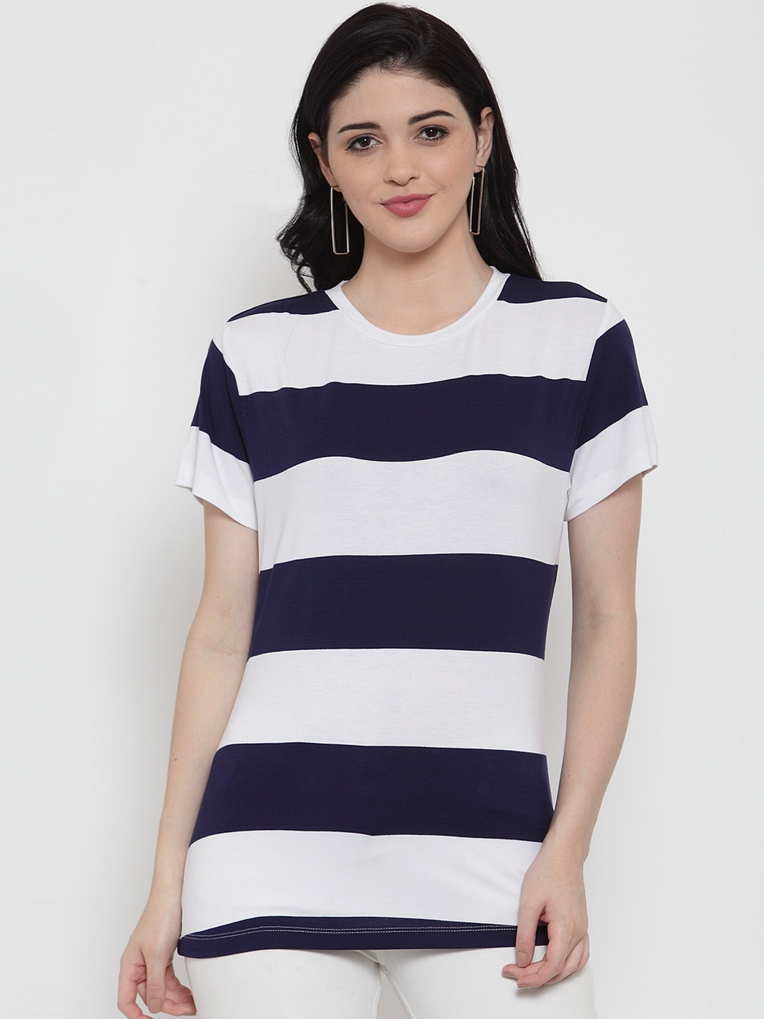 

DOOR74 Women Navy Blue & White Striped Round Neck T-shirt