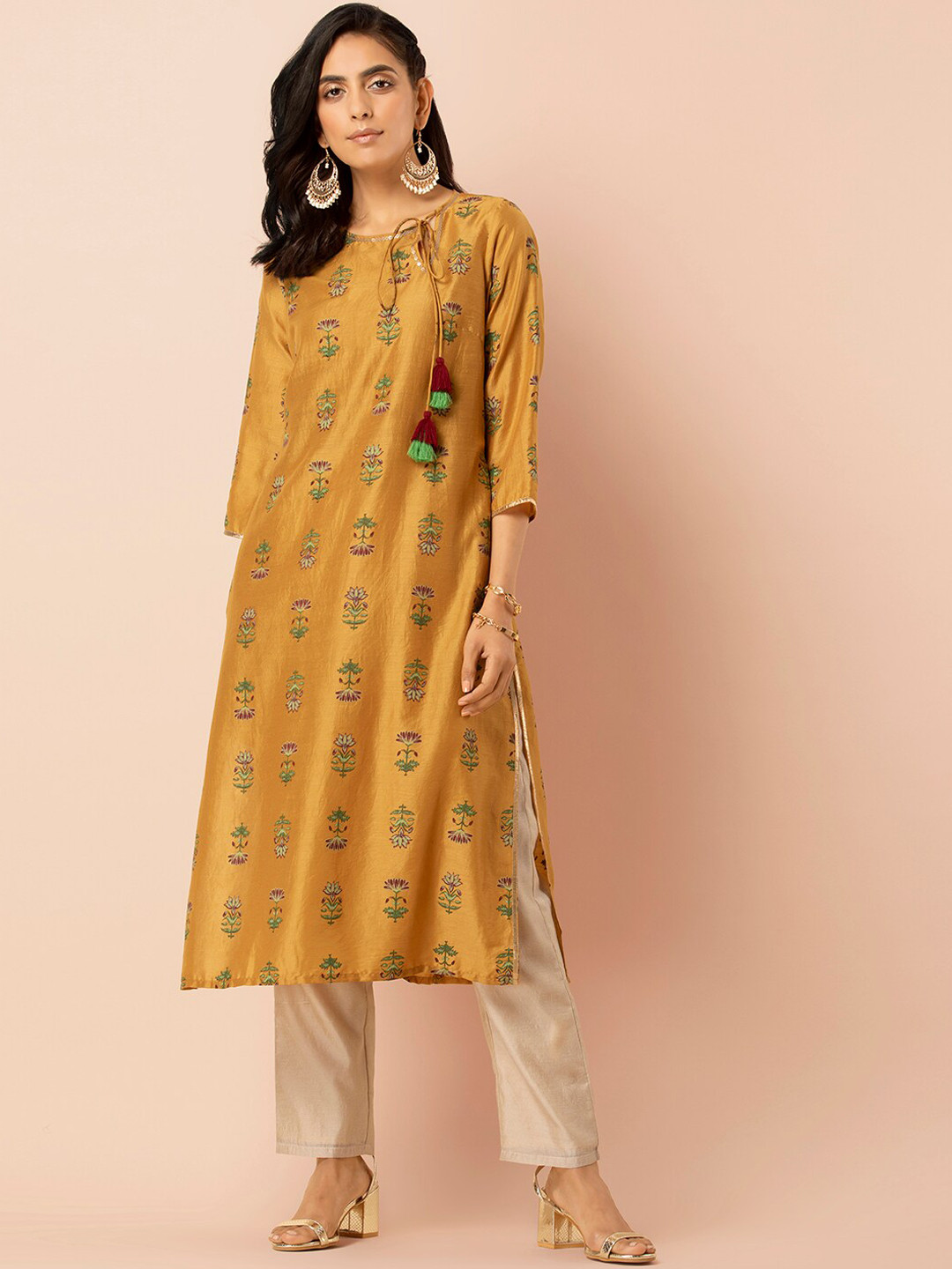 

INDYA Women Yellow Printed Straight Kurta