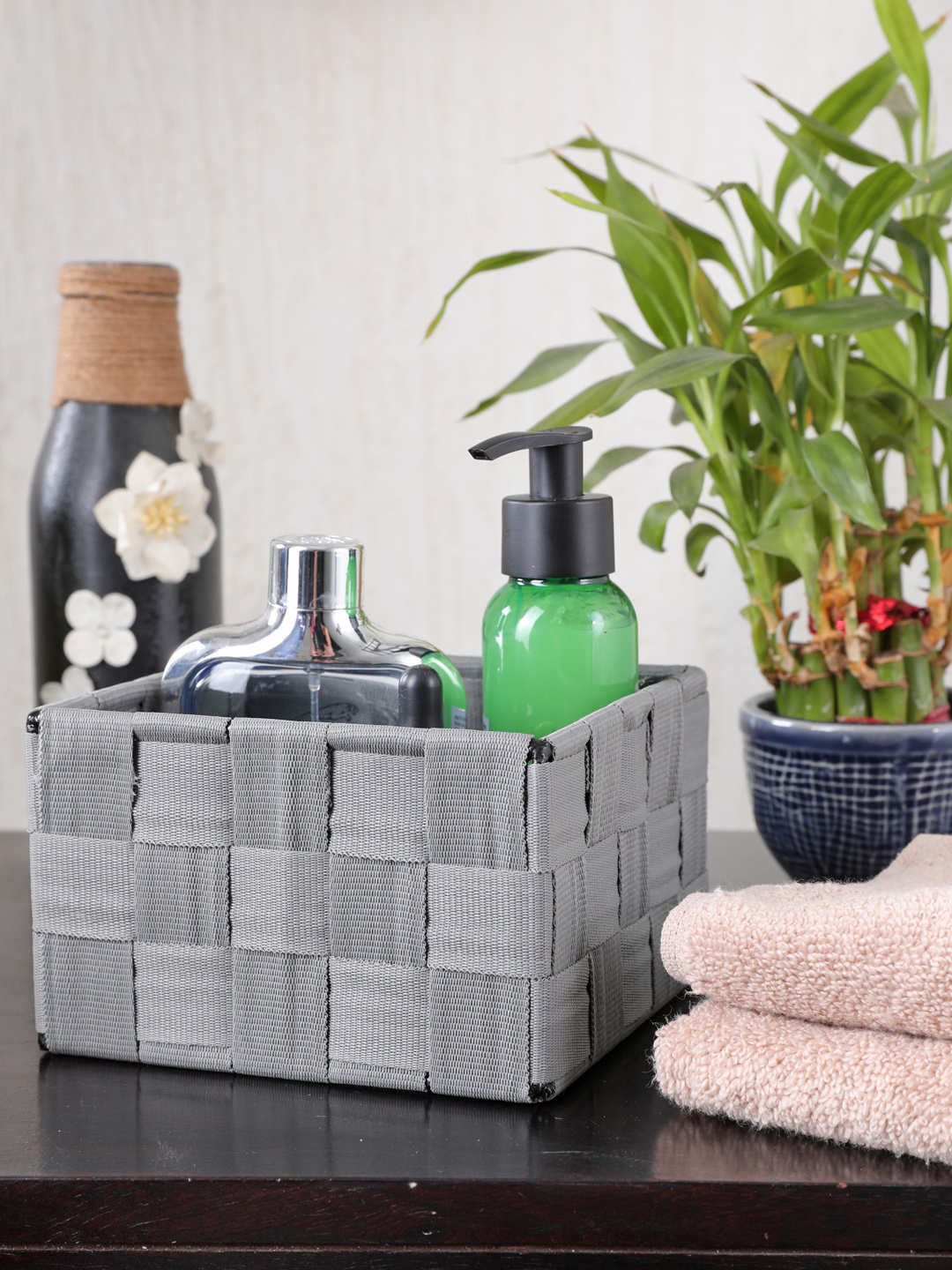 

My Gift Booth Grey Solid Woven Waterproof Small Storage Cube Box Organiser