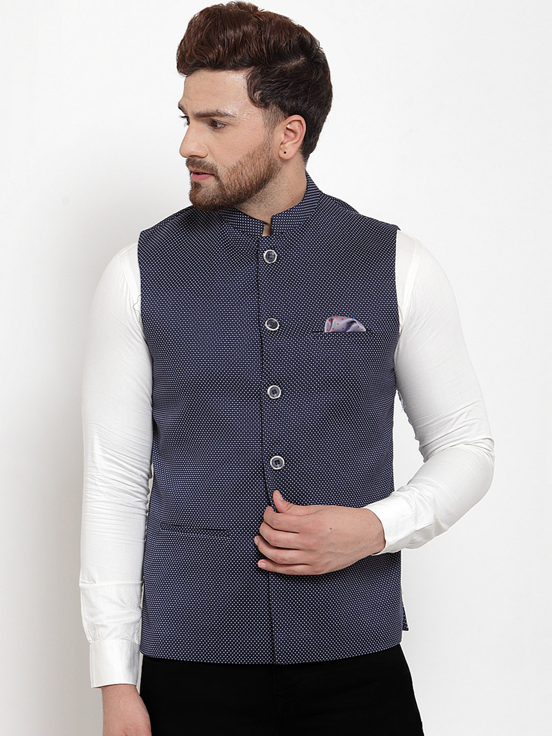 

MAXENCE Men Navy Blue Self Design Slim Fit Nehru Jacket