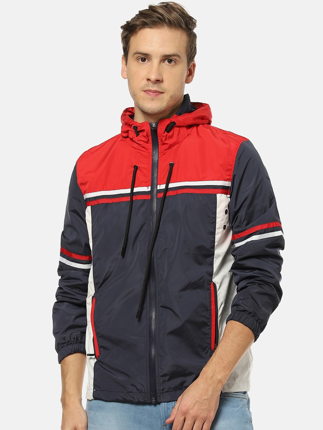

Campus Sutra Men Blue Colourblocked Windcheater Padded Hooded Jacket