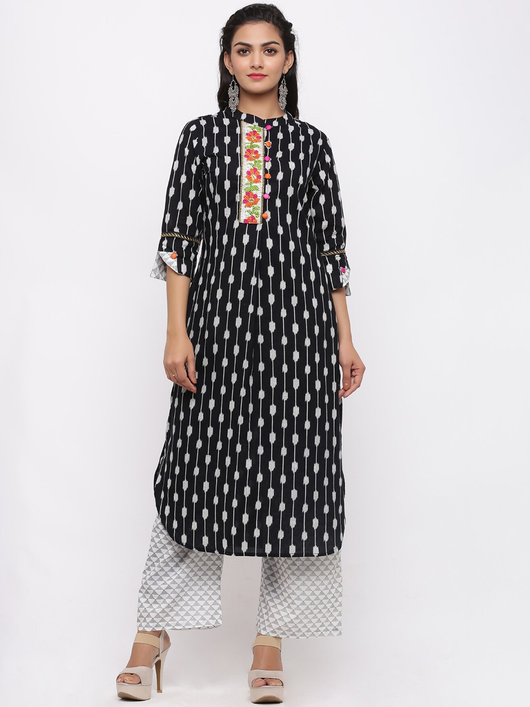 FABRIC FITOOR Women Black & Off-White Printed Kurta with Palazzos