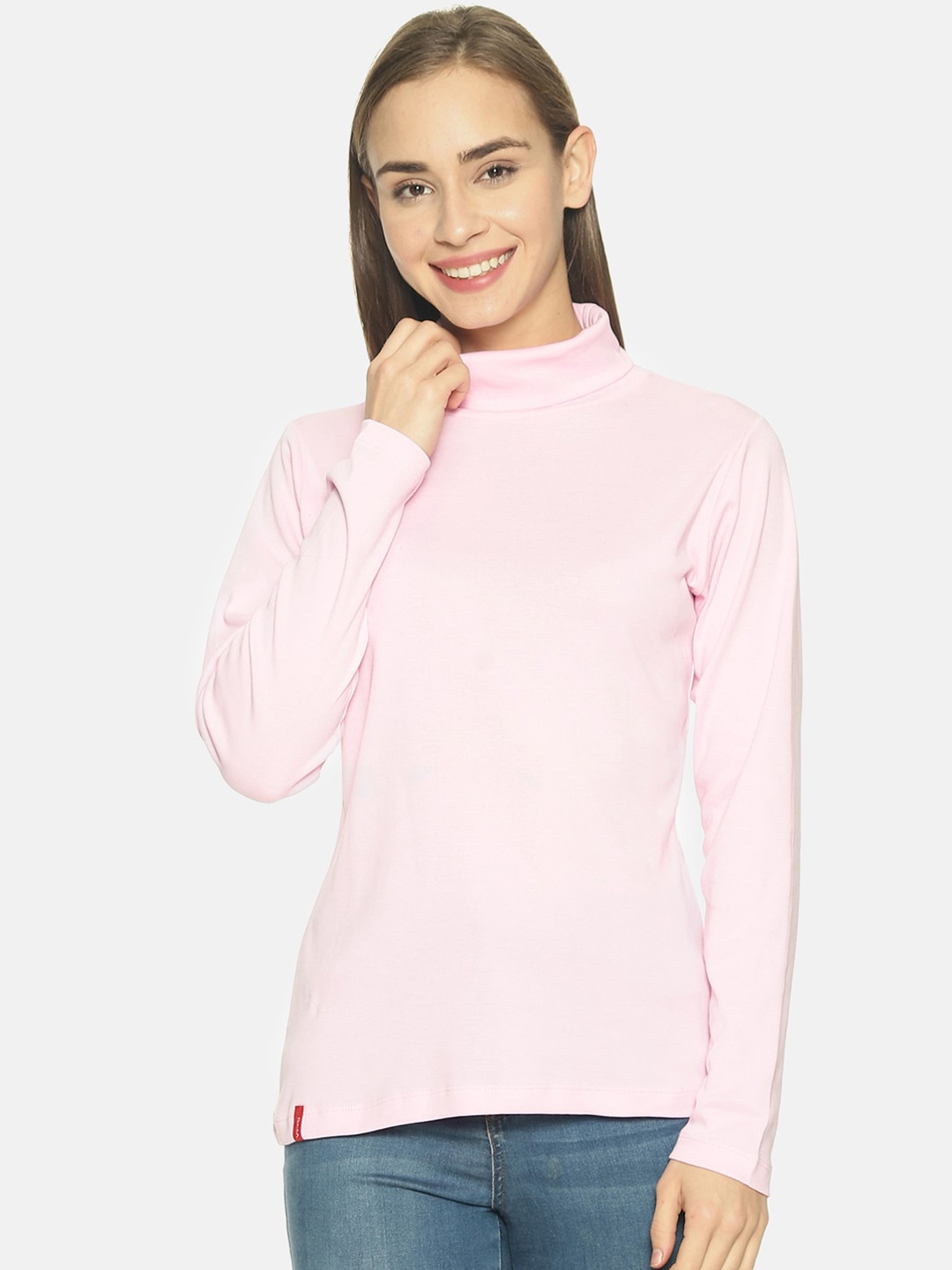 

FEMEA Women Pink Solid Turtle Neck Pure Cotton Top