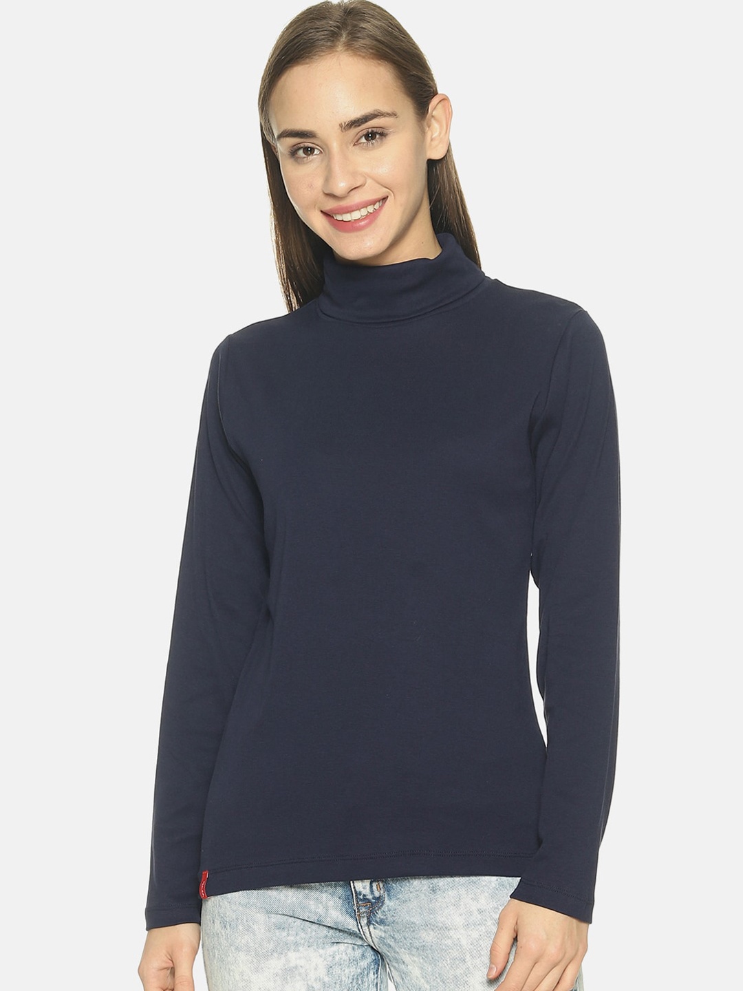 

FEMEA Women Navy Blue Solid Pure Cotton Top