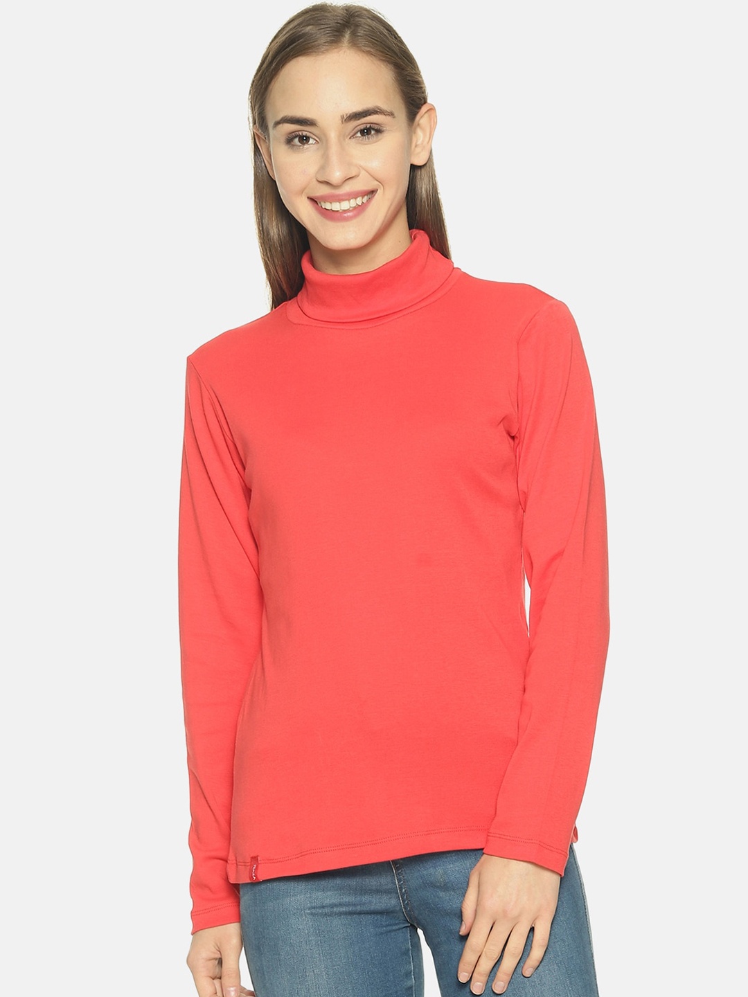 FEMEA Women Coral Pink Solid Pure Cotton Top