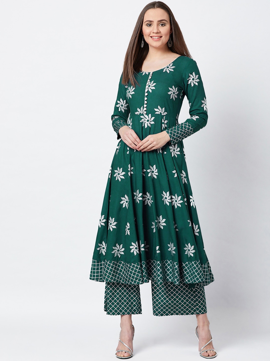 PANIT Women Green & White Floral Print Kurta with Palazzos Set
