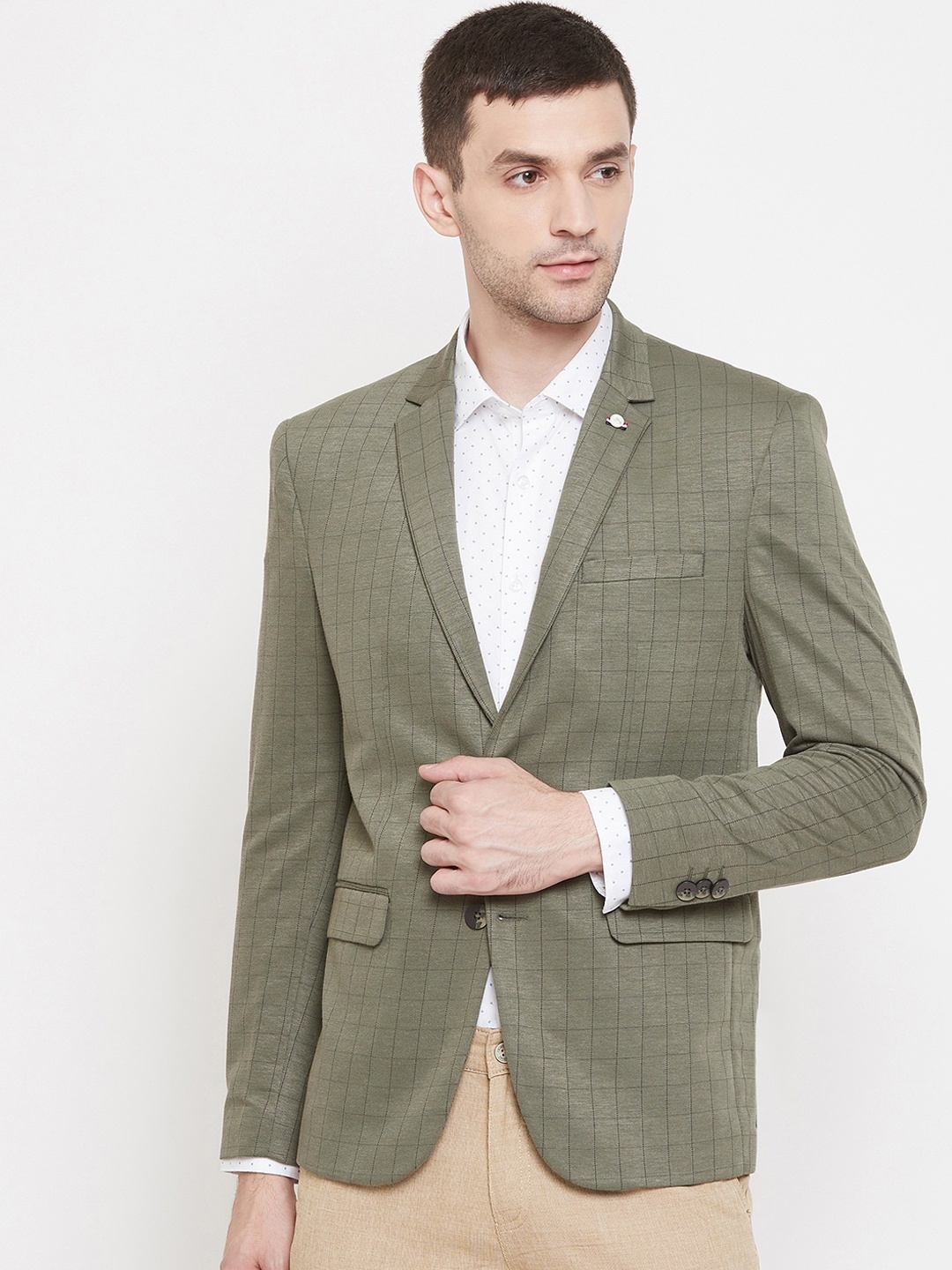 

Crimsoune Club Men Olive Green Checked Slim-Fit Single-Breasted Casual Blazer