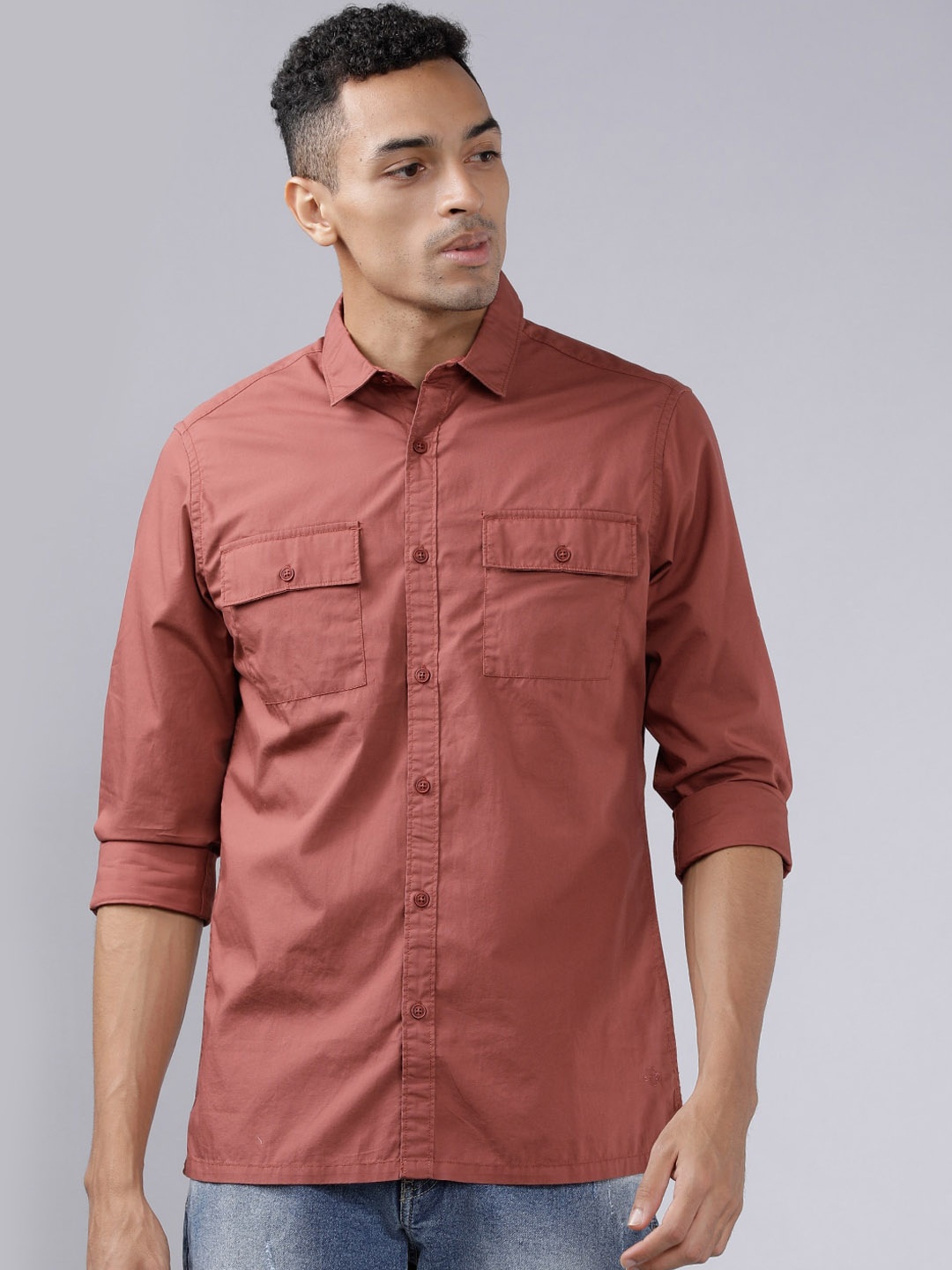 

LOCOMOTIVE Men Rust Brown Slim Fit Solid Casual Shirt