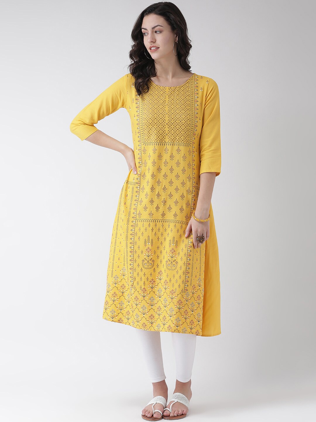 

Span Women Mustard Yellow Printed Straight Kurta