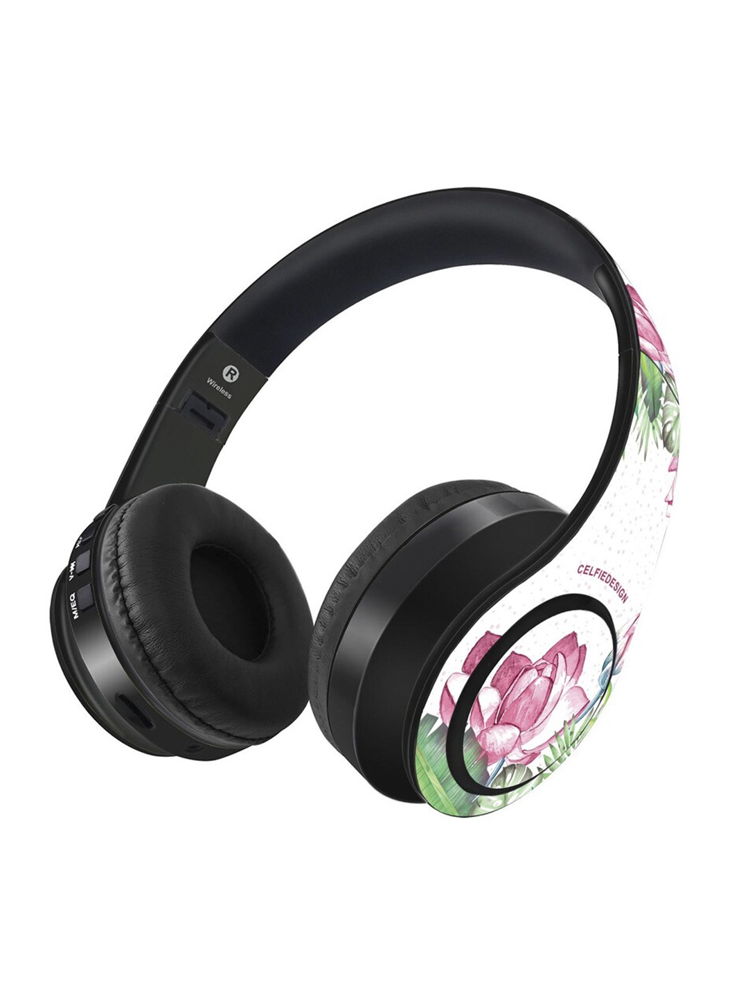 CelfieDesign Black Laotian Lotus Printed Bluetooth WirelessOnEarHeadphones9Hrs Battery&Mic
