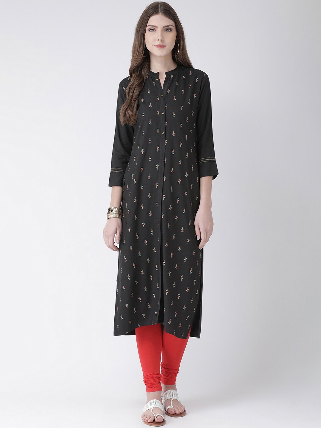 Span Women Black & Pink Printed Straight Kurta