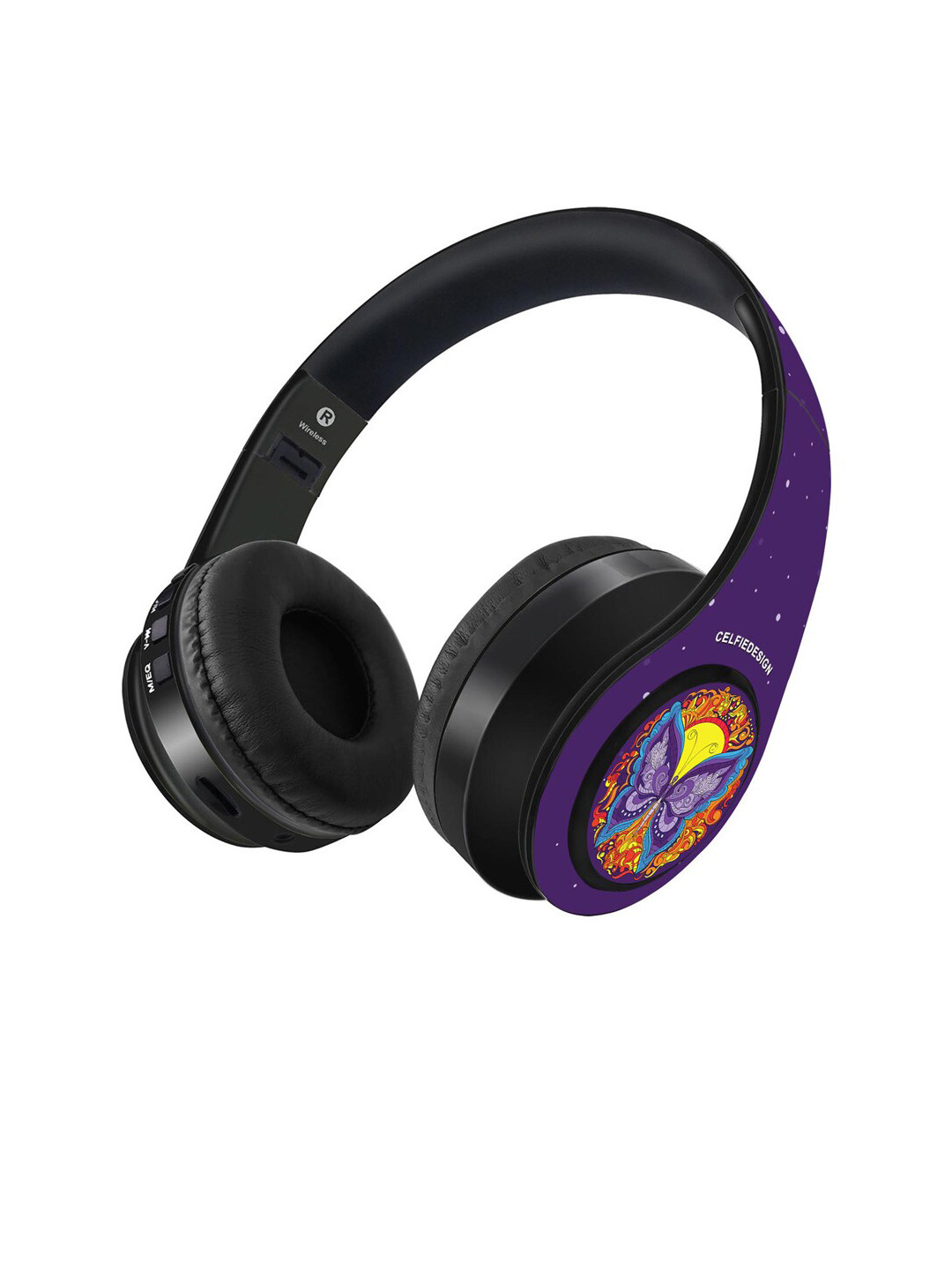 

CelfieDesign Black & Blue Printed Butterfly Mandala Wireless Bluetooth On Ear Headphones With Mic
