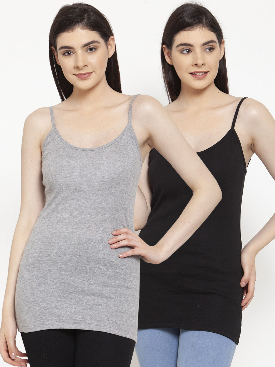

Friskers Women Pack Of 2 Solid Long Camisoles, Black