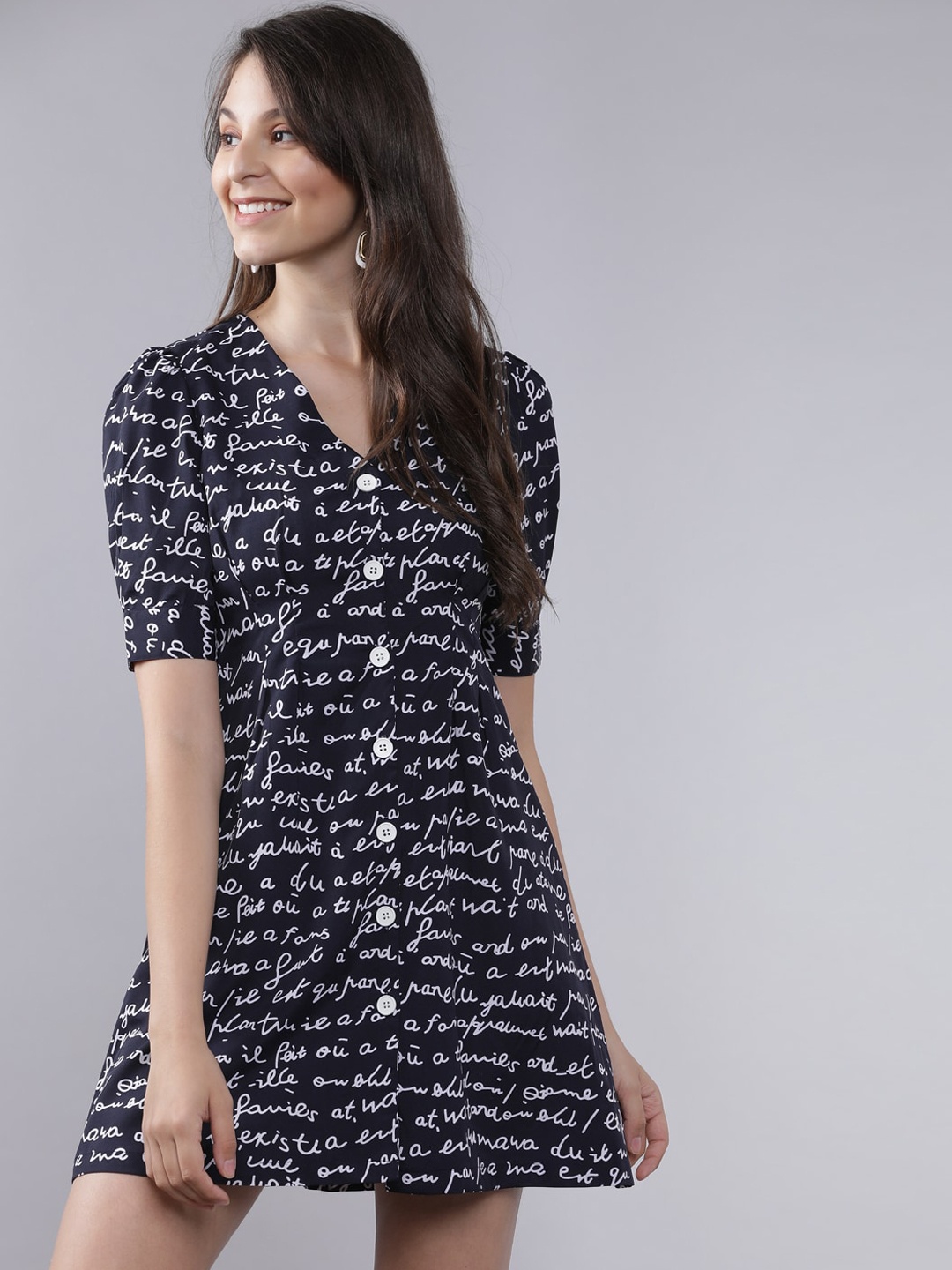 

Tokyo Talkies Women Navy Blue & White Printed A-Line Dress