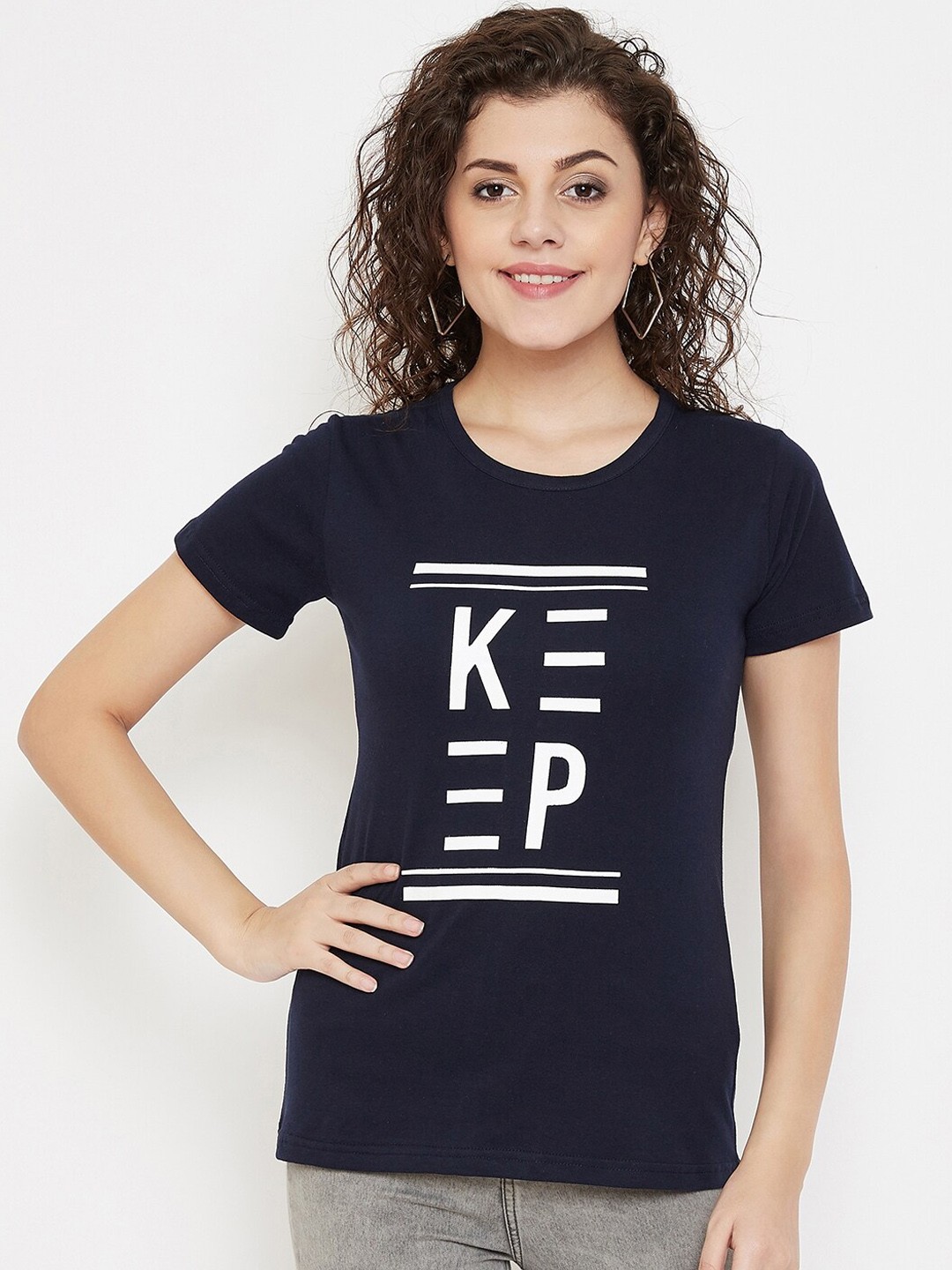 

Purple Feather Women Navy Blue Printed Round Neck T-shirt