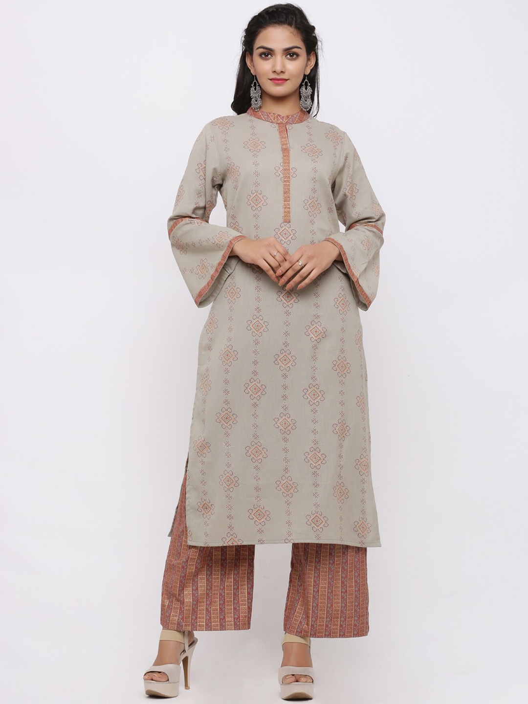 

FABRIC FITOOR Women Taupe & Brown Printed Kurta with Palazzos