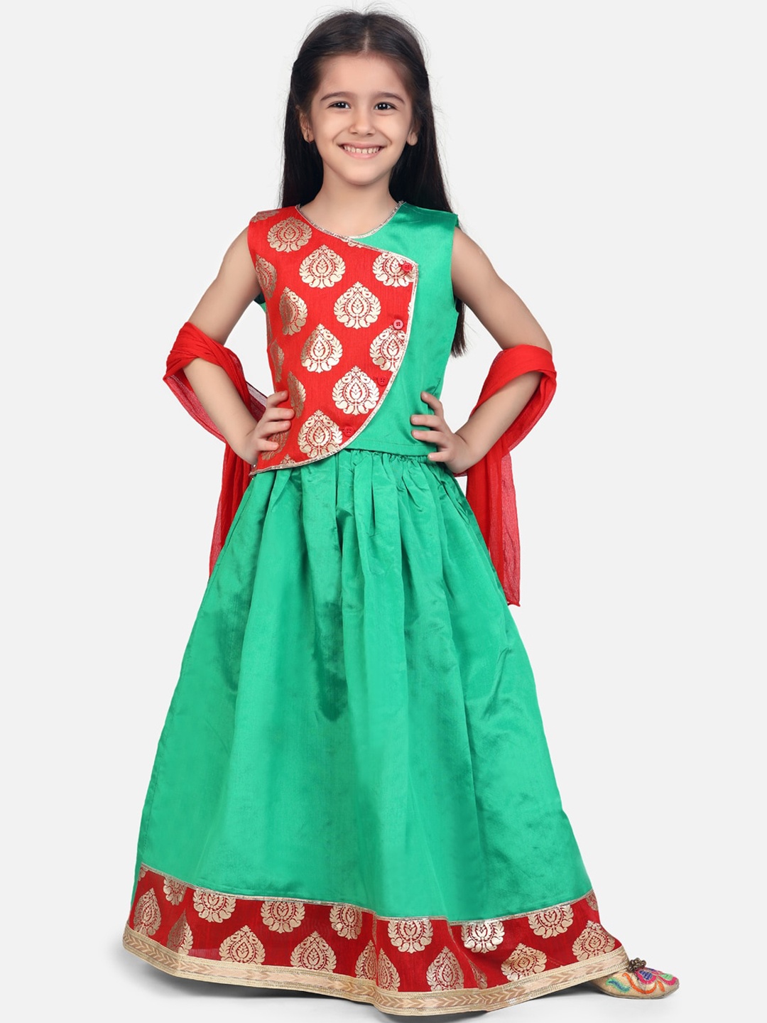 BownBee Girls Green & Red Embroidered Ready to Wear Lehenga & Blouse with Dupatta