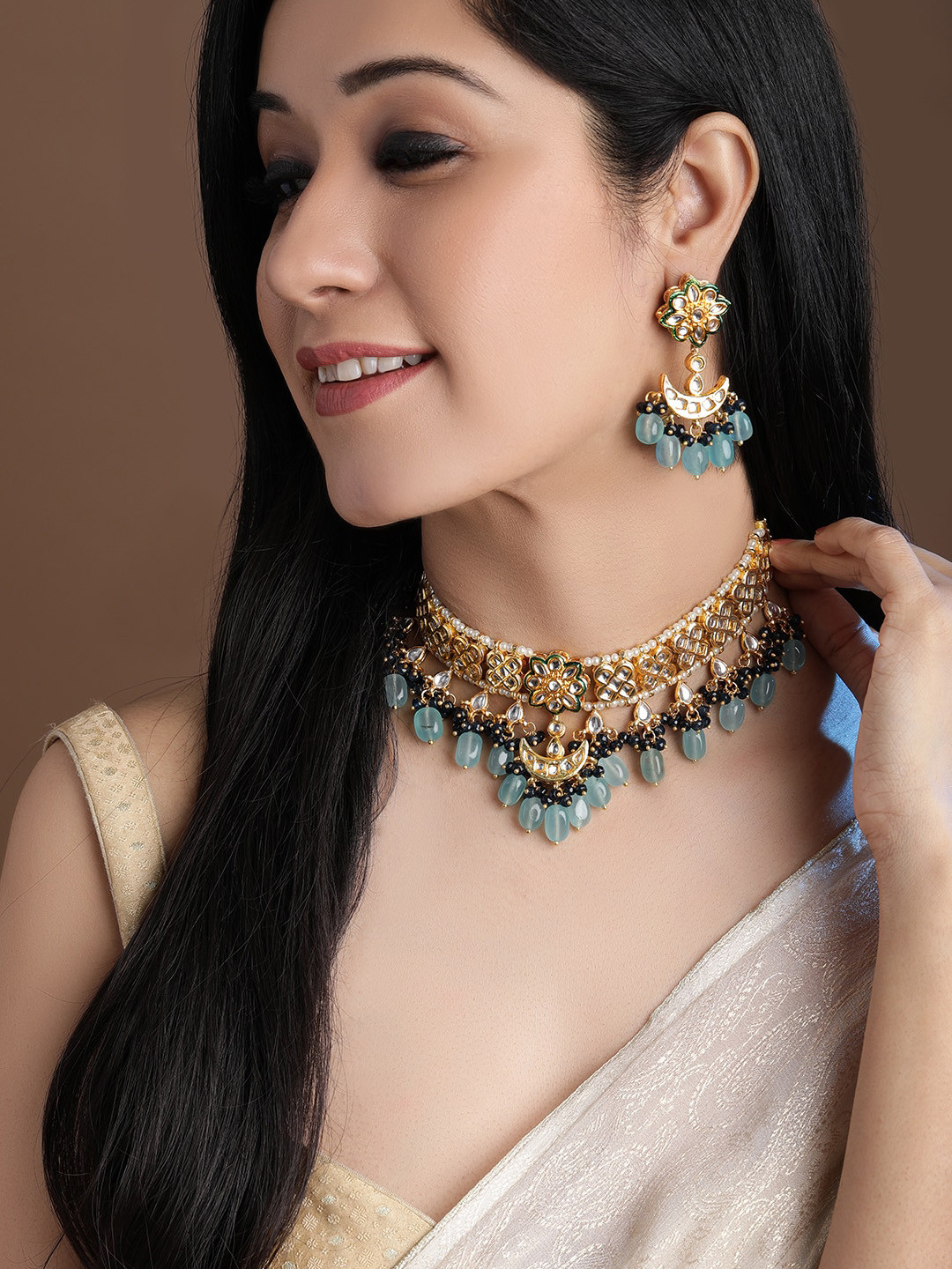

Rubans Gold-Plated Blue & White Kundan-Studded Beaded Handcrafted Jewellery Set