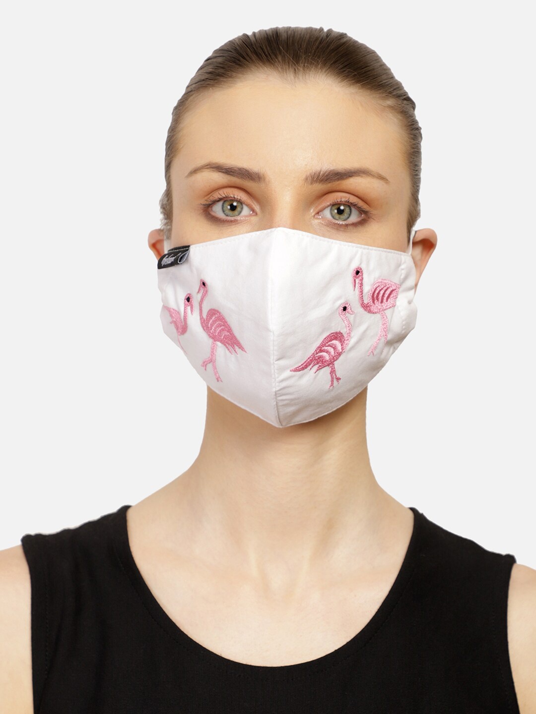 

Anekaant Women 3-Ply Reusable White & Pink Flamingo Embroidered Cloth Mask