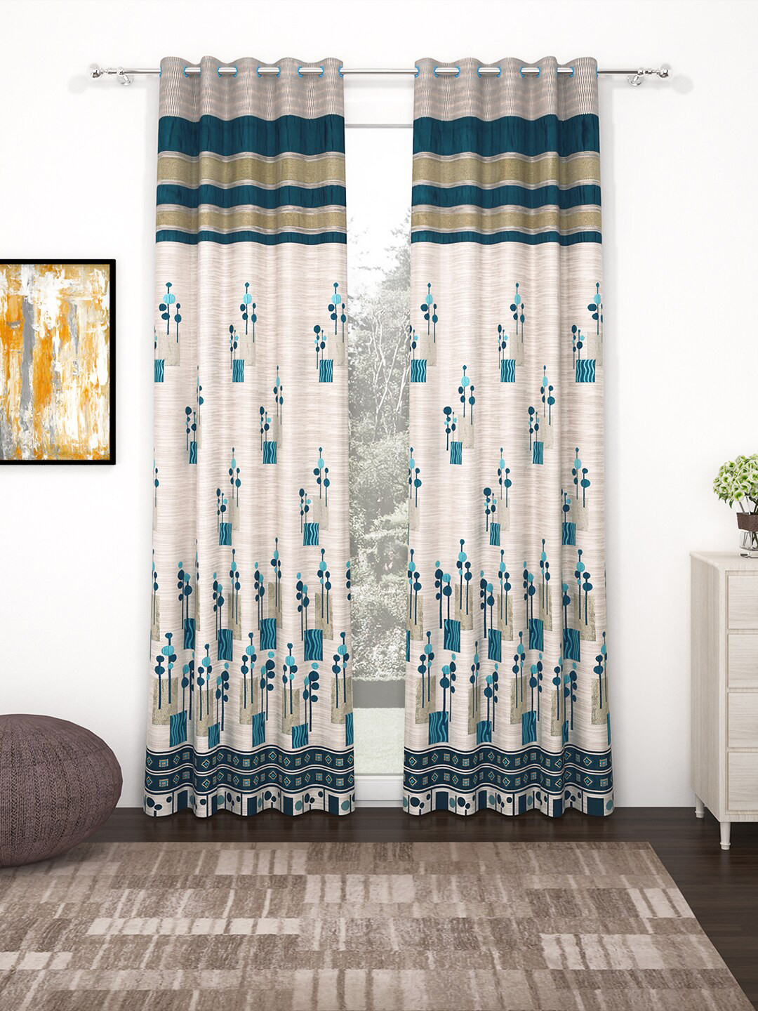 

Story@home Turquoise Blue & Grey Set of 2 Premium Jacquard 350GSM Room Darkening Eyelet Long Door Curtains