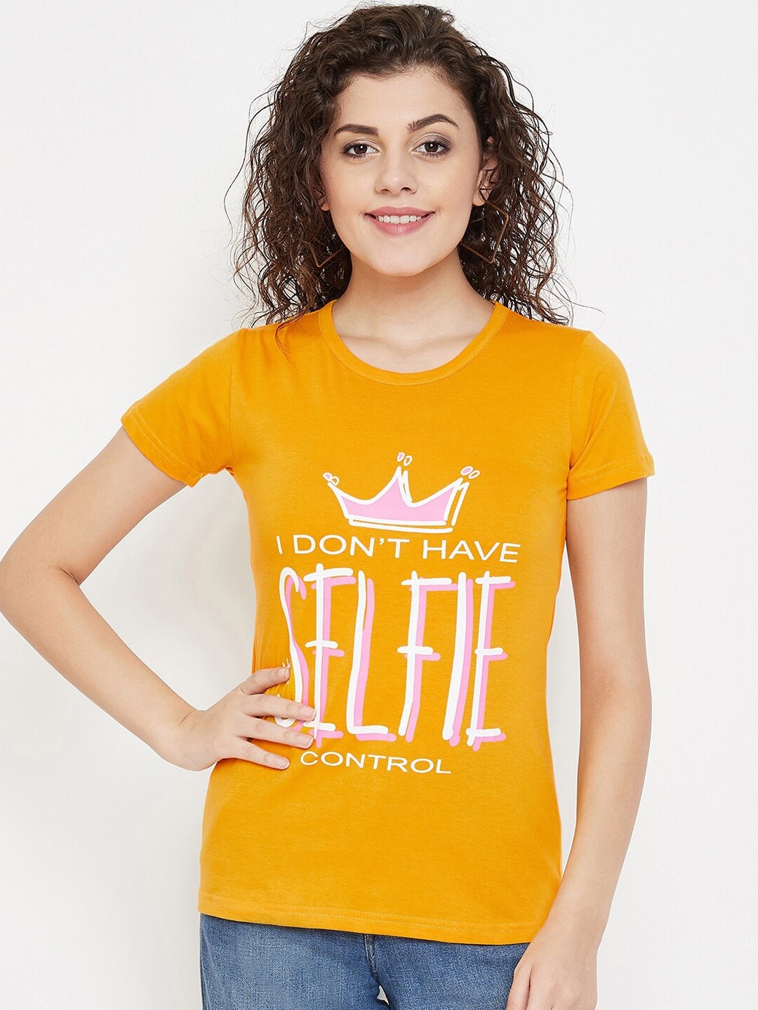 

Purple Feather Women Mustard Yellow Printed Round Neck T-shirt