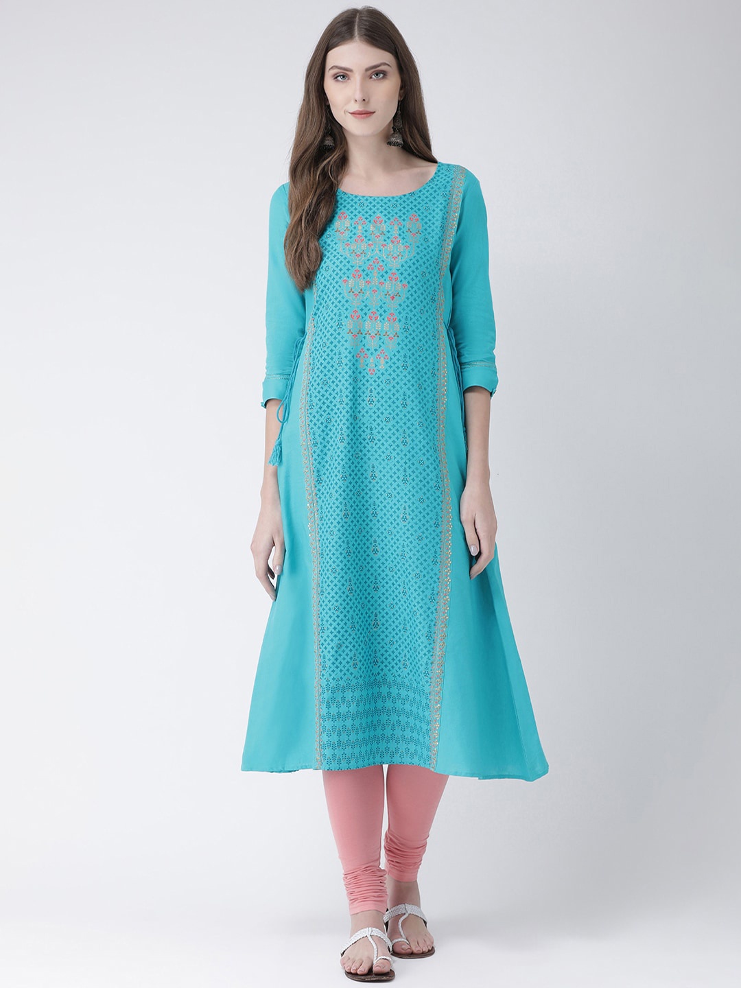

Span Women Turquoise Blue Embroidered A-Line Kurta