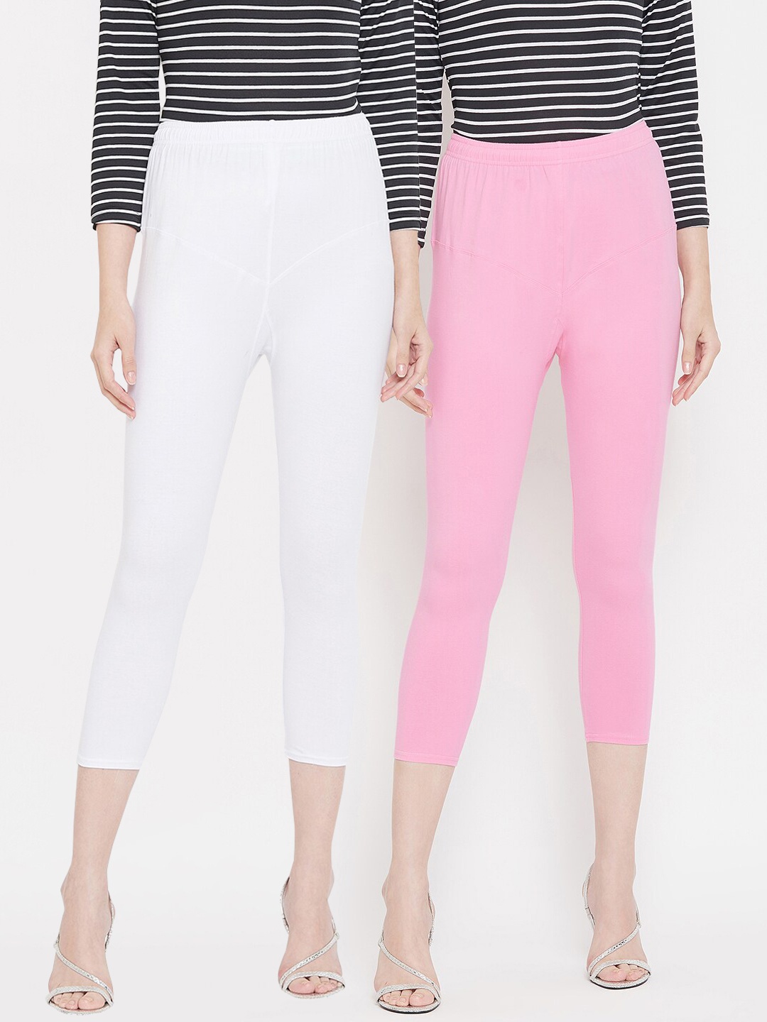 

Tulsattva Women Pack Of 2 White & Pink Solid Three-Fourth Length Leggings