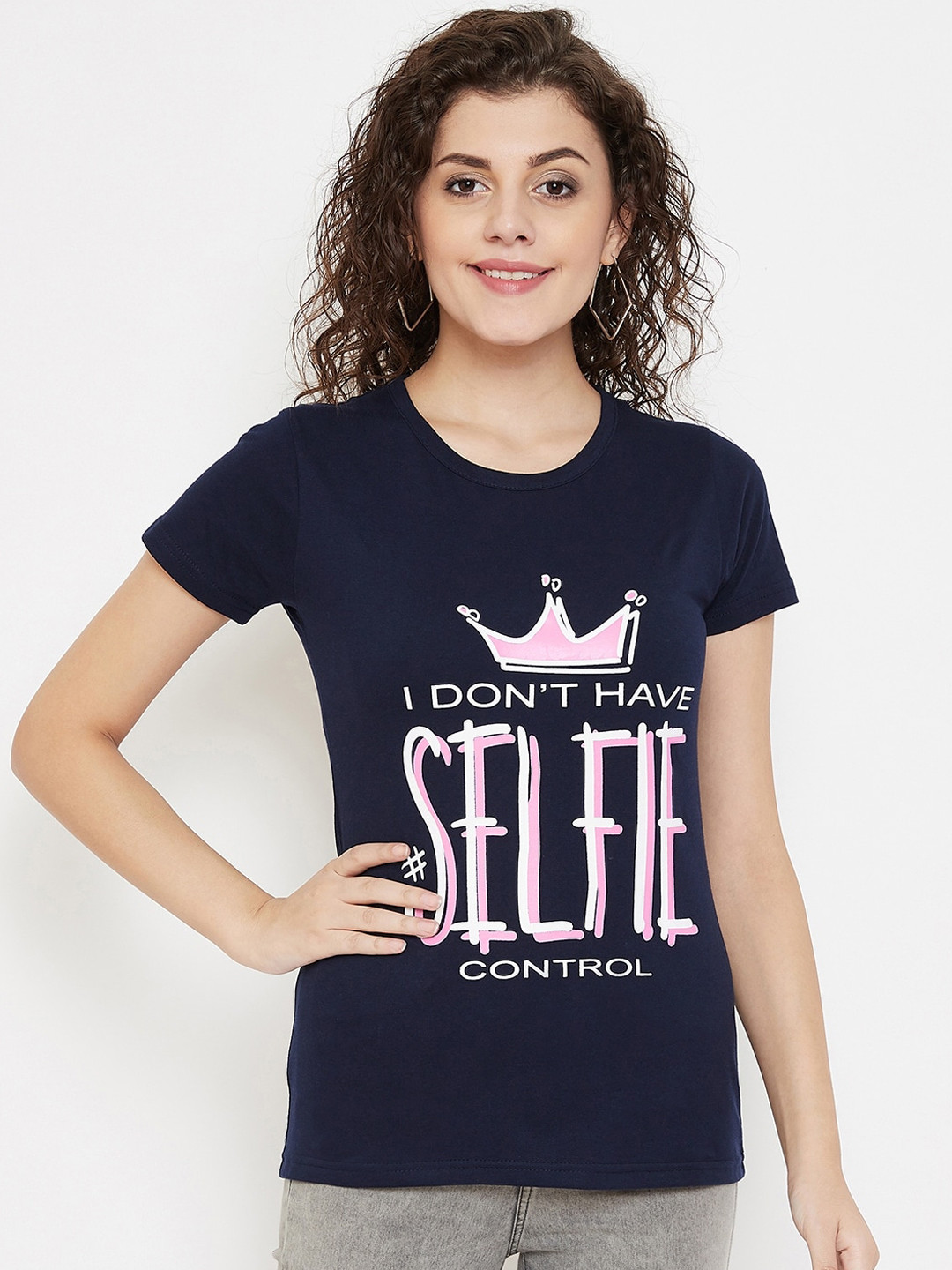 

Purple Feather Women Navy Blue Printed Round Neck T-shirt