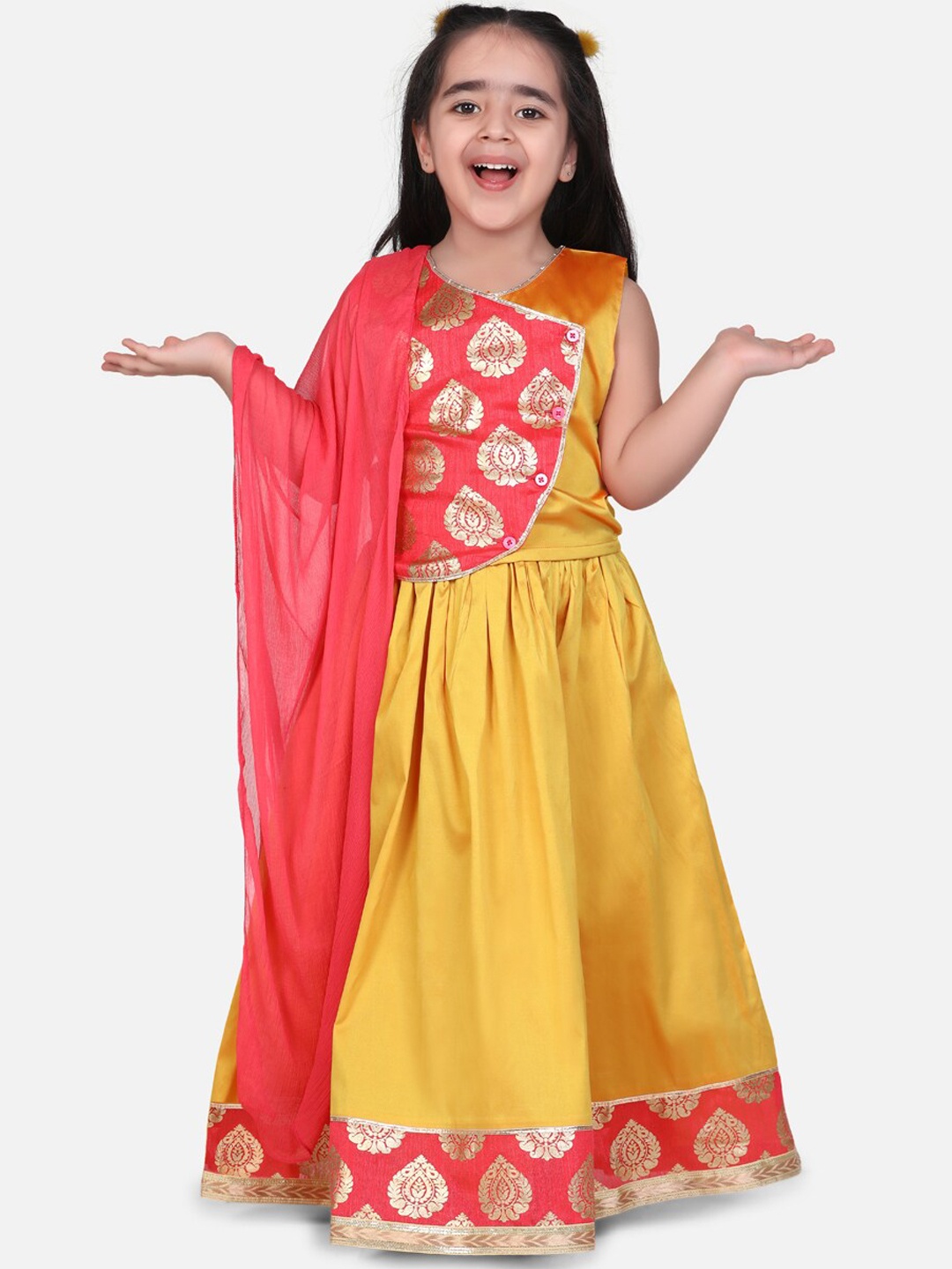 

BownBee Girls Yellow & Red Printed Ready to Wear Pattu Pavadai with Dupatta