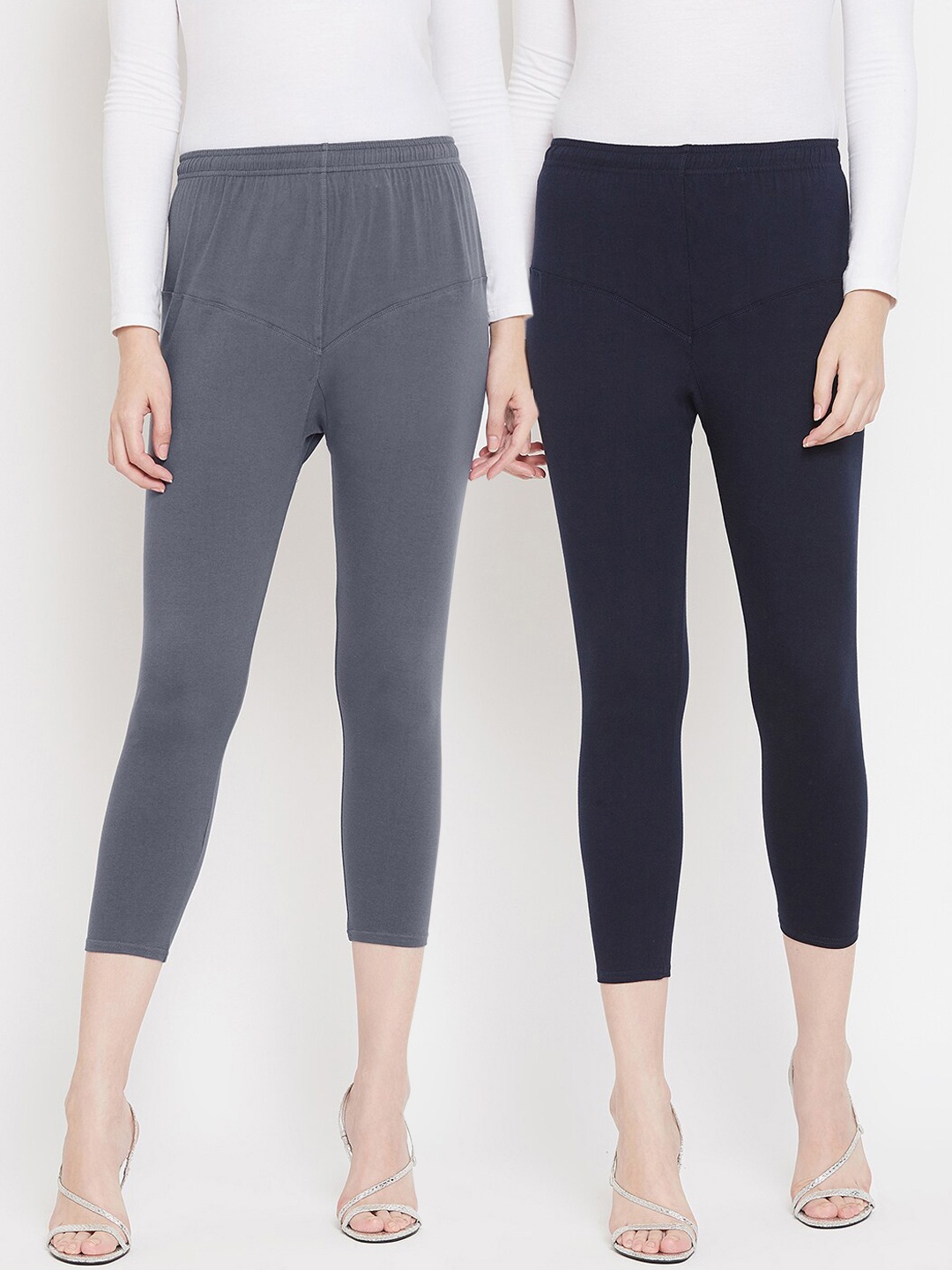 

Tulsattva Women Pack Of 2 Grey & Navy Blue Solid Three-Fourth Length Leggings