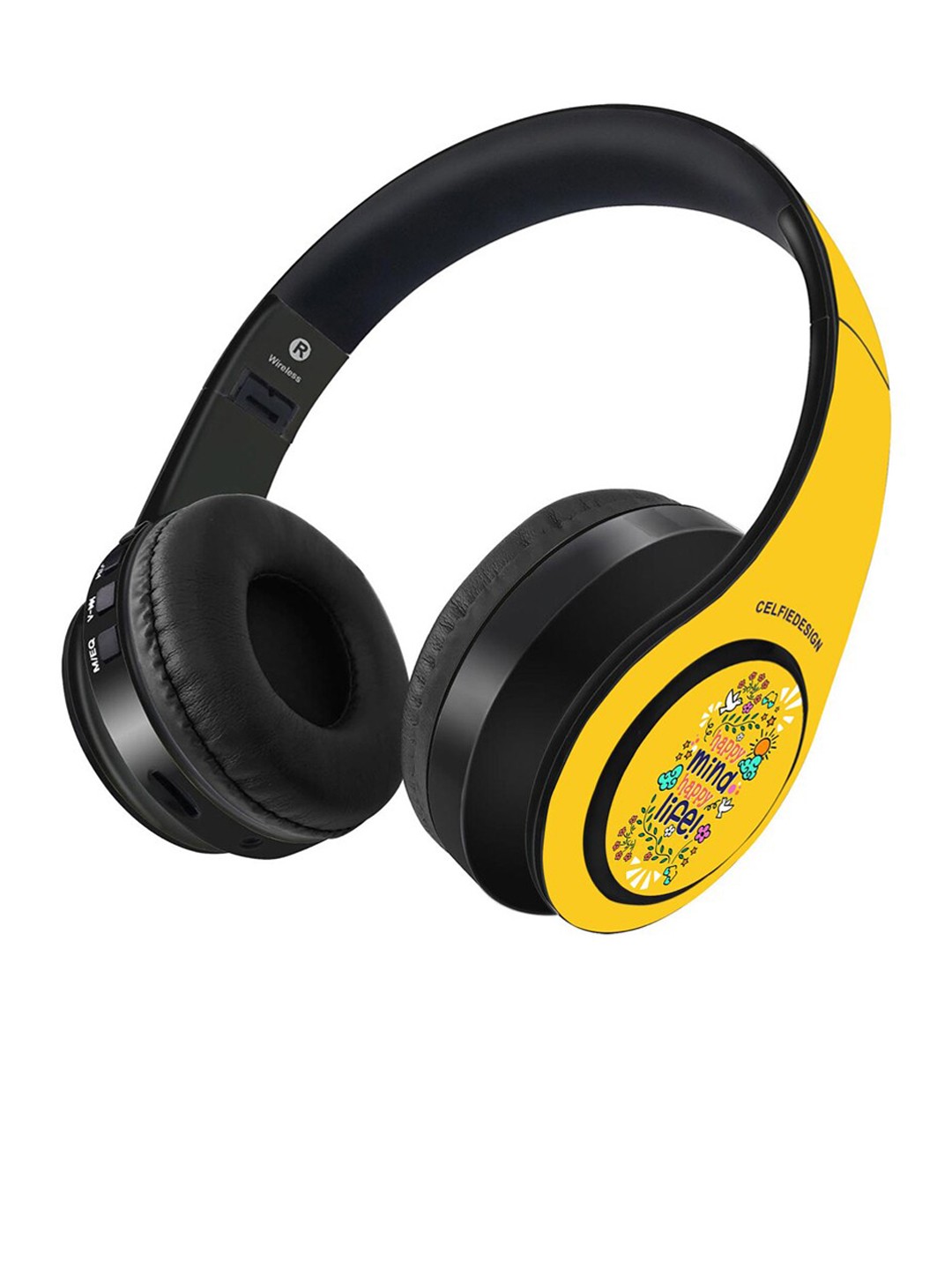 

CelfieDesign Black & Yellow Printed Happy Mind Happy Life Wireless Bluetooth On Ear Headphones With Mic